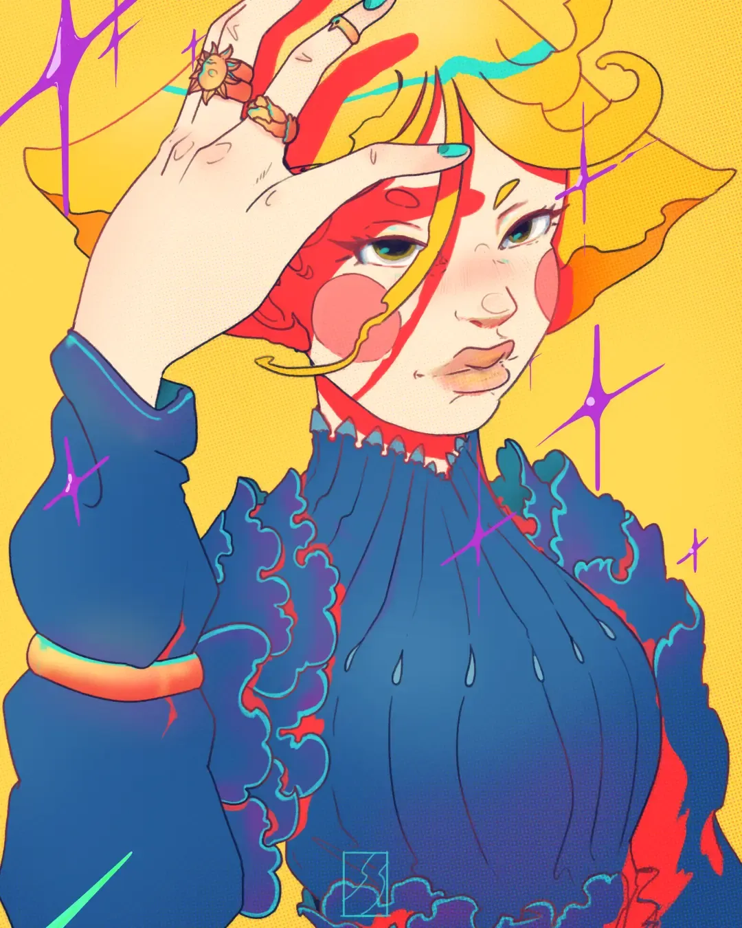 Illustration of a red-haired woman shading her eyes on a yellow background