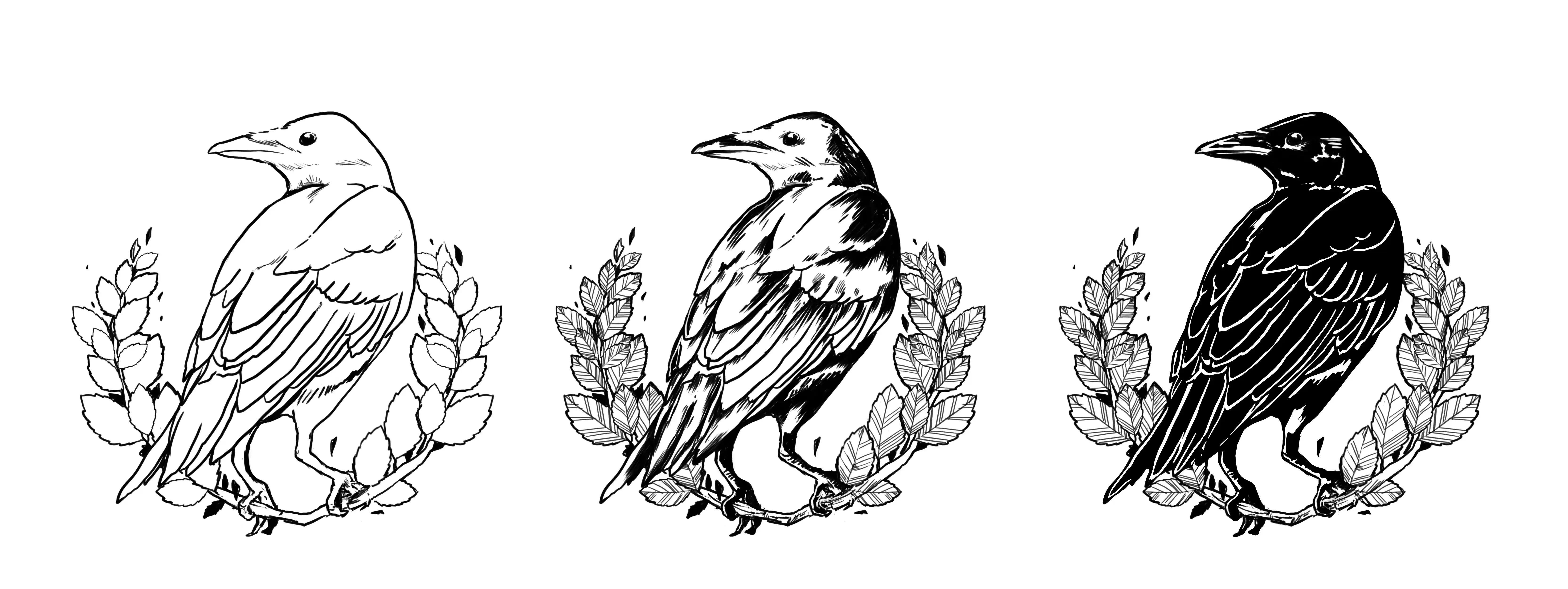 Tattoo design of a crow on a leafy branch in three shading styles