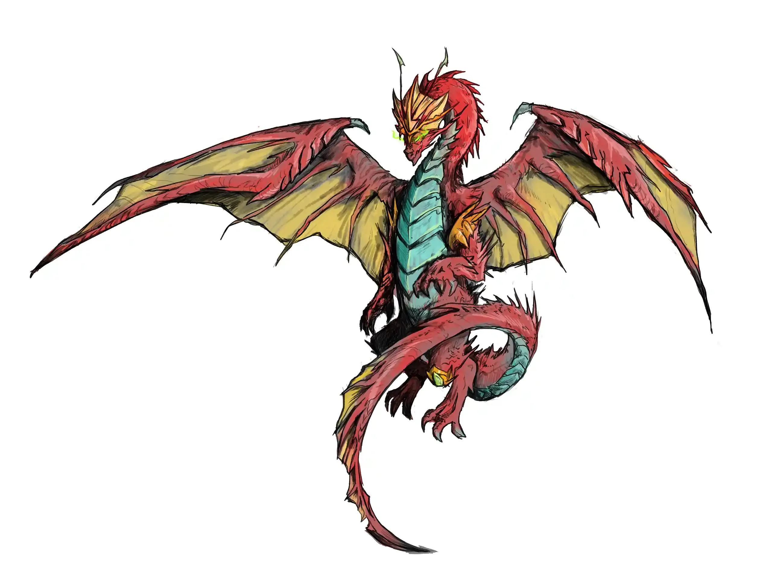 Tattoo design of a red winged dragon with a teal belly