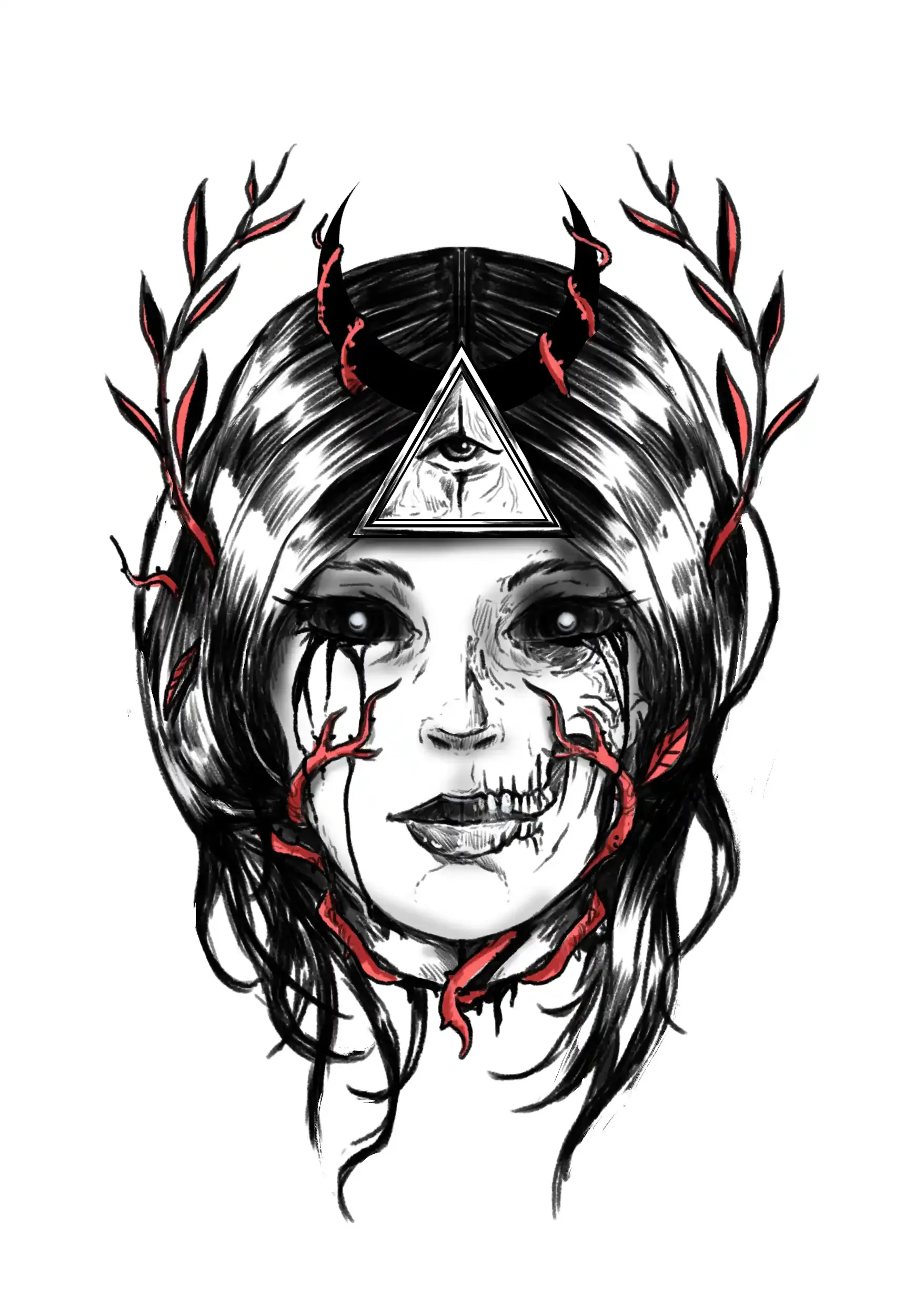 Tattoo design of a gothic woman with horns, a third eye, and red veins