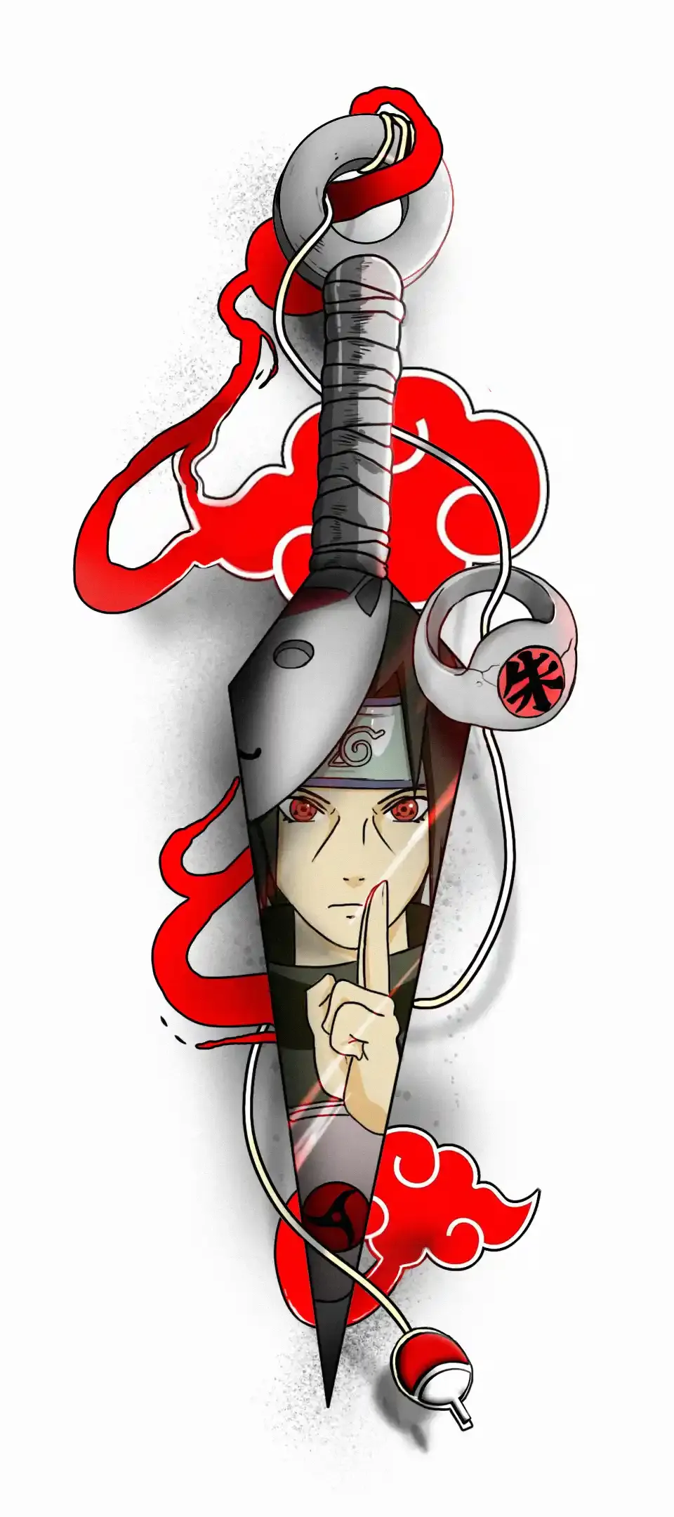 Tattoo design of Itachi Uchiha inside a kunai with red Akatsuki clouds