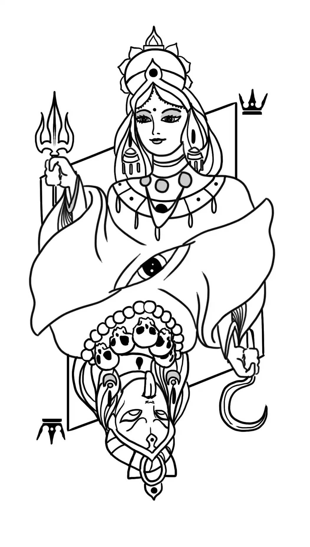 Tattoo design of Durga and Kali as a mirrored playing card