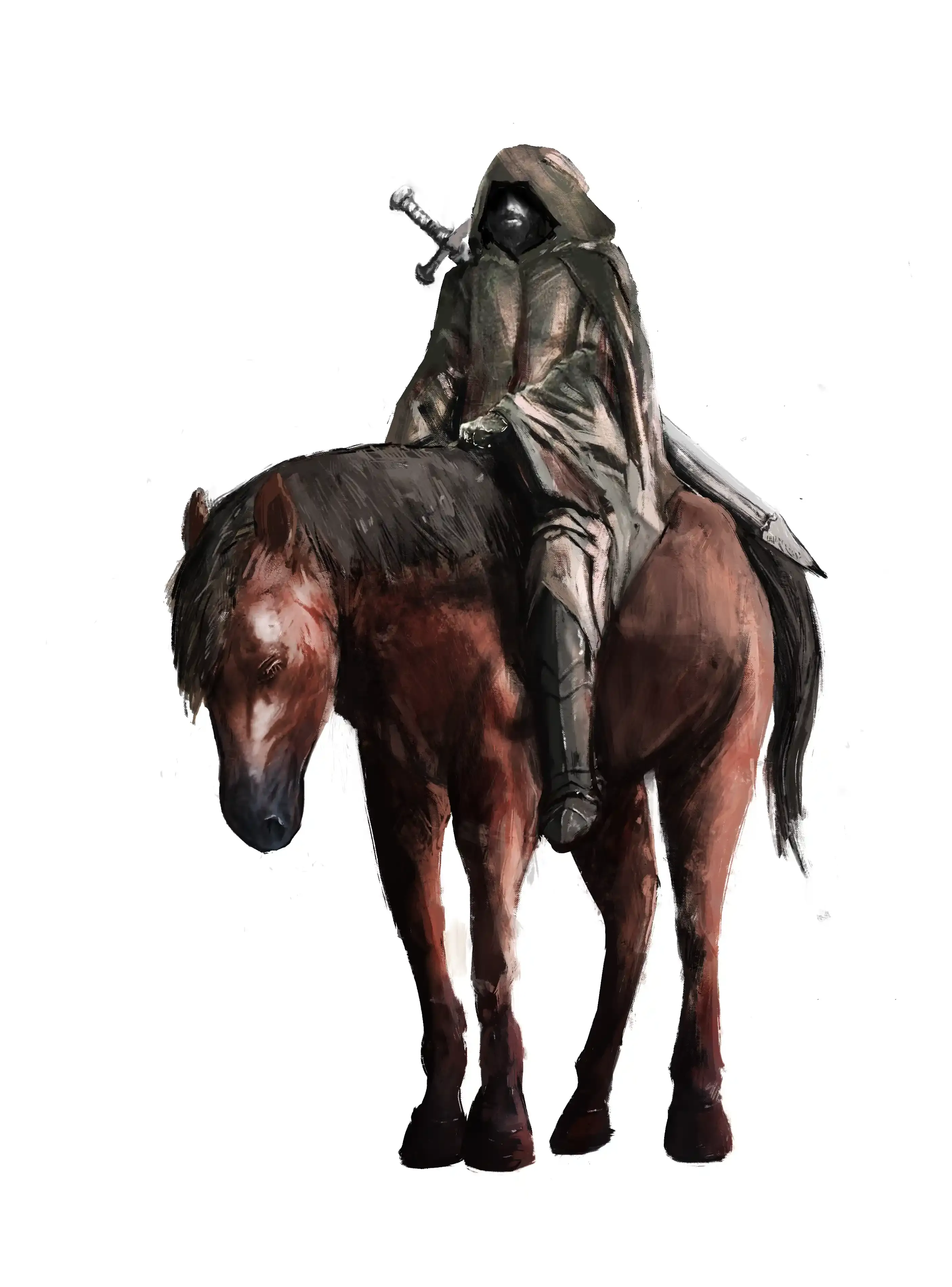 Tattoo design of a hooded rider with a sword on a brown horse
