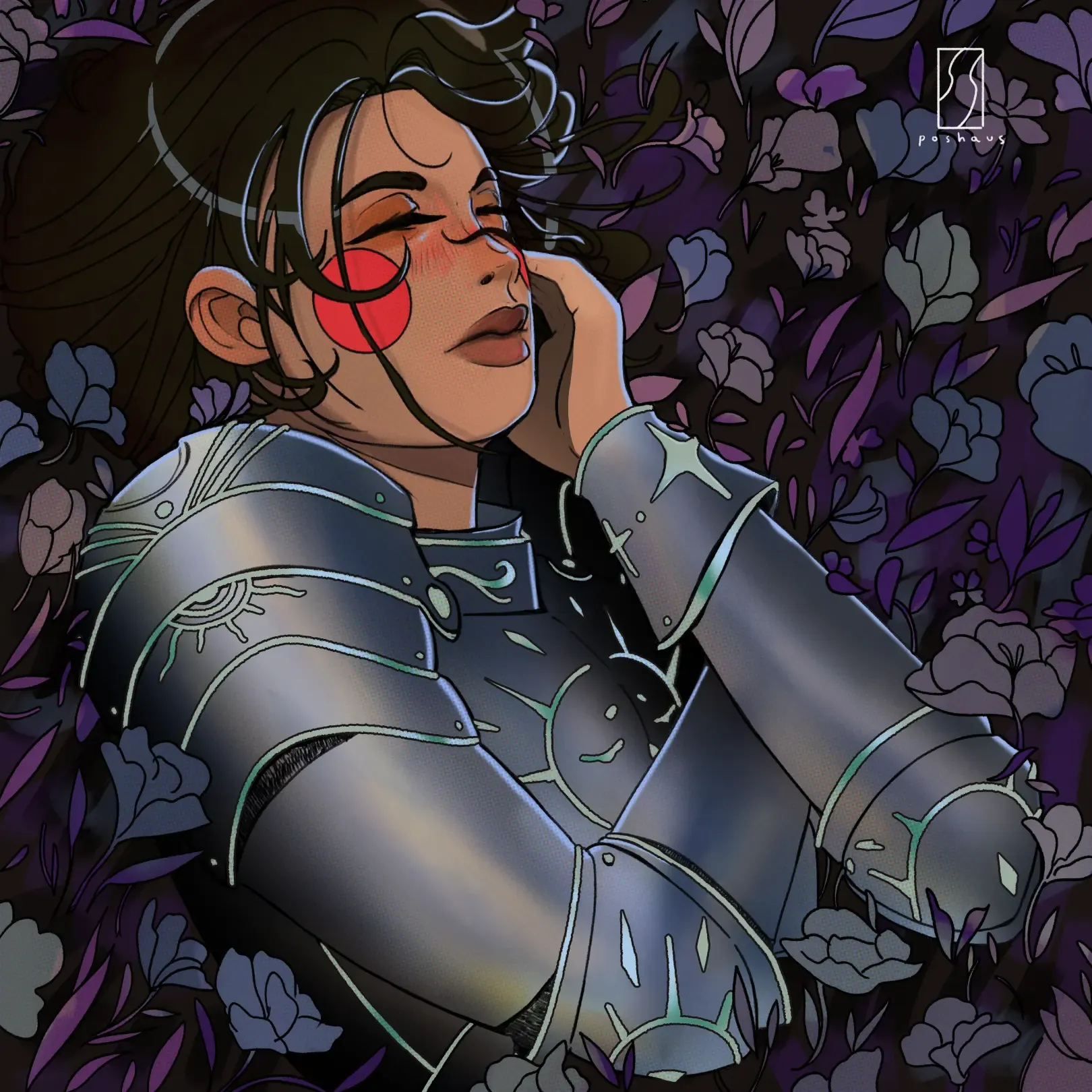 Illustration of a woman in silver armor resting among purple flowers