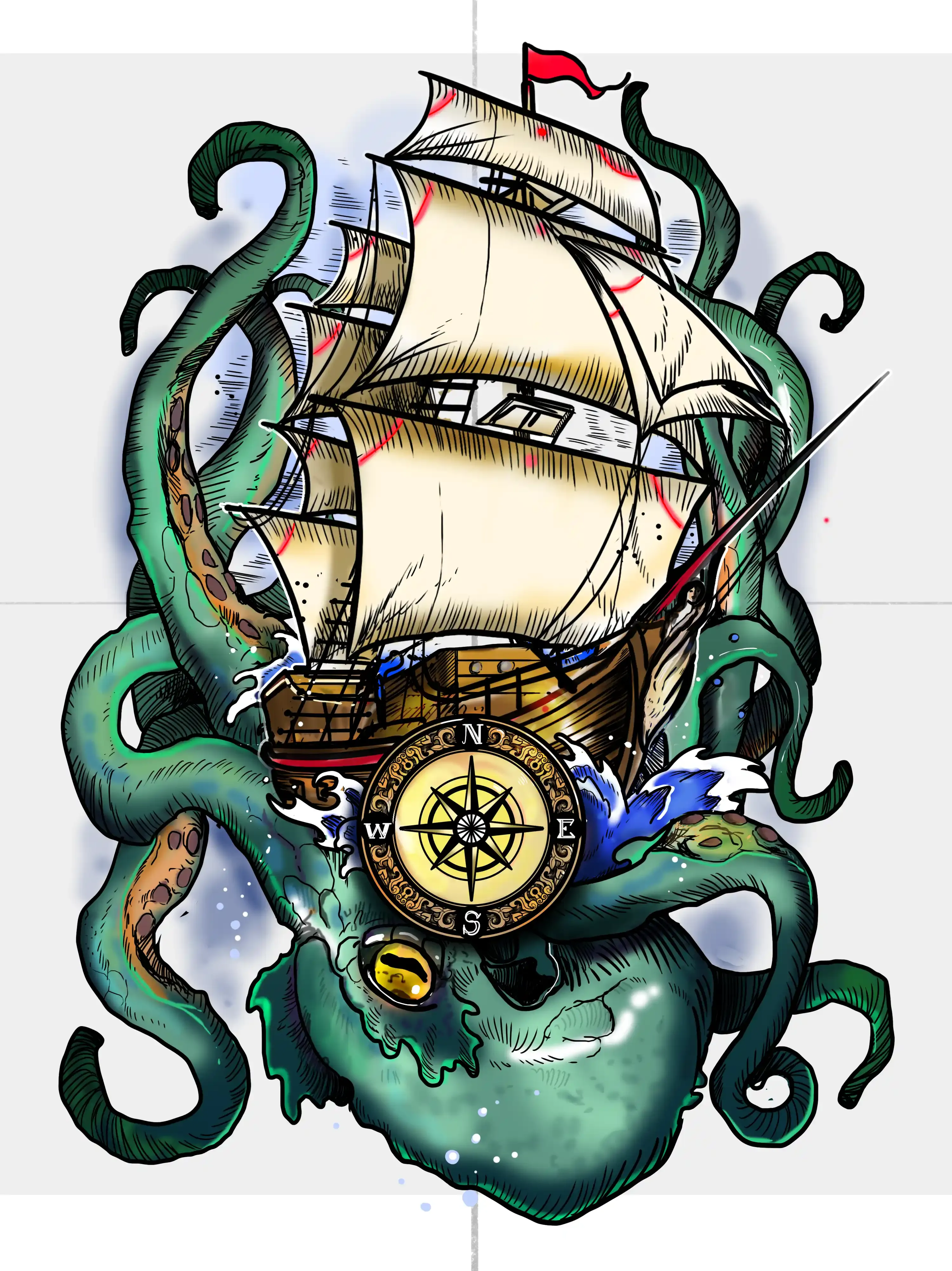 Tattoo design of a green kraken gripping a sailing ship and compass