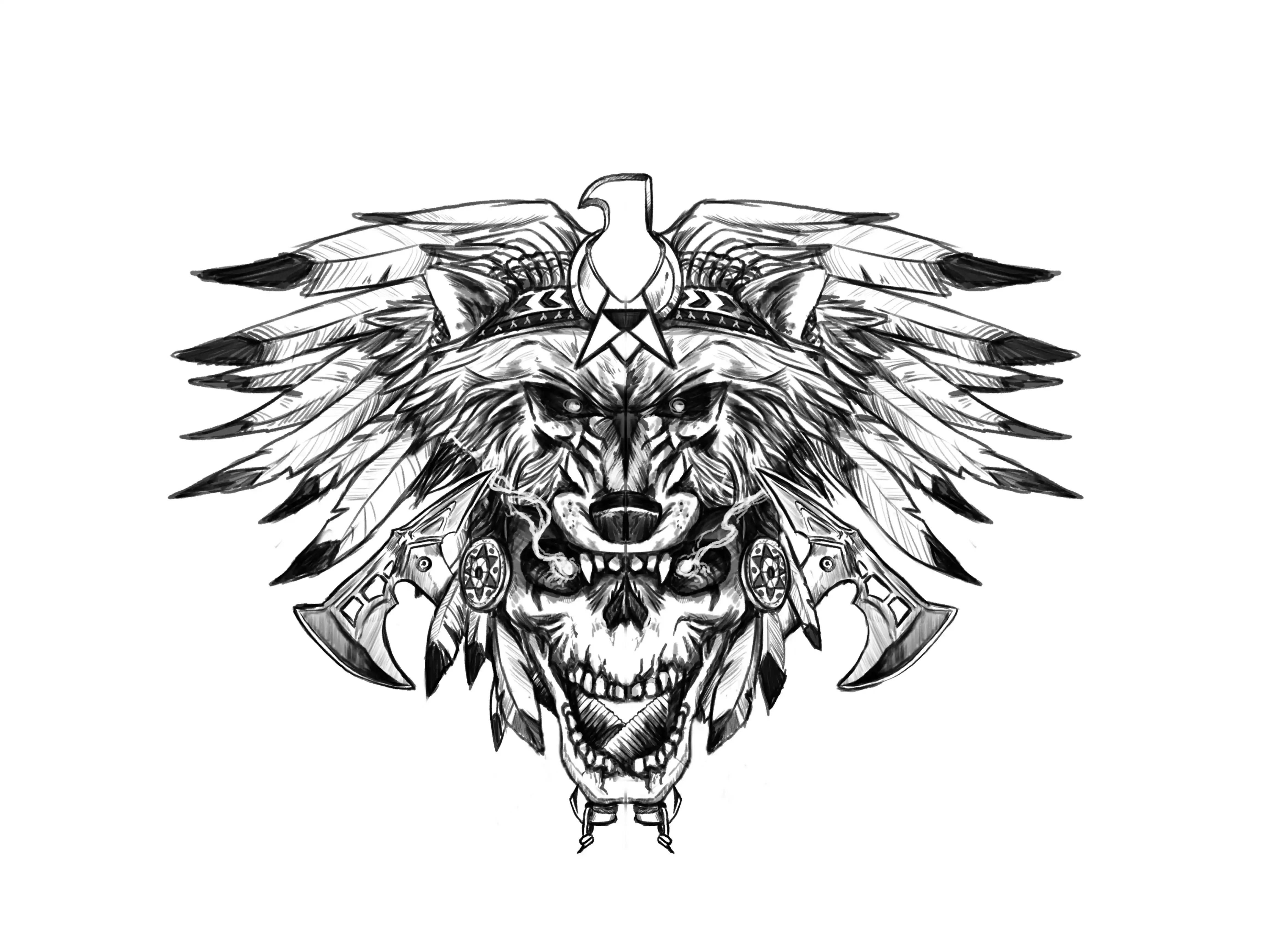 Tattoo design of a wolf and skull with feathered headdress and axes