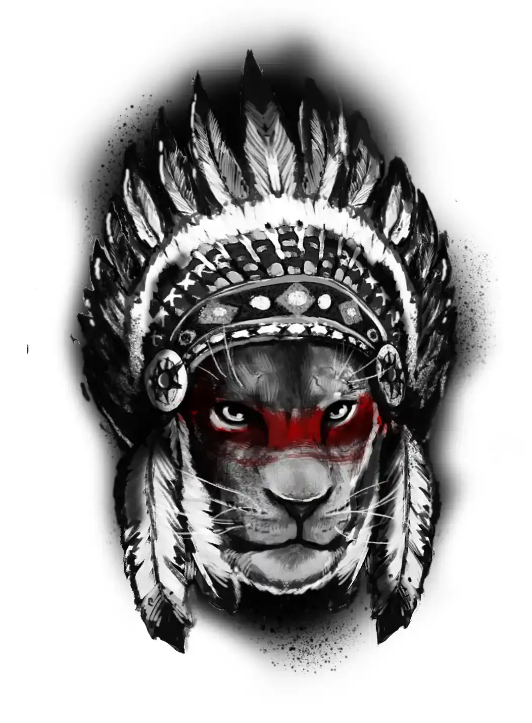Tattoo design of a lioness wearing a feathered headdress and red war paint