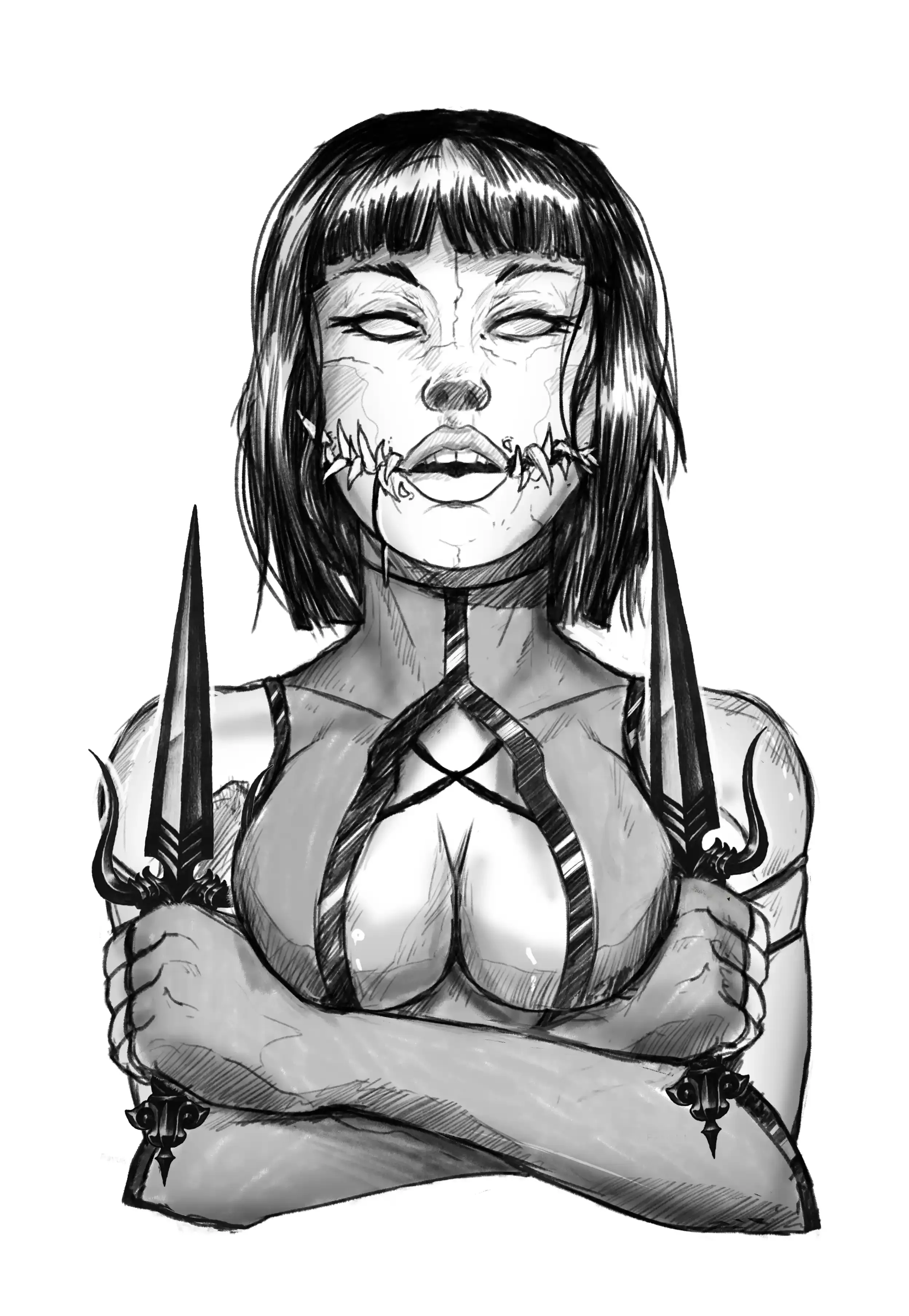 Tattoo design of Mileena with crossed arms holding two sai daggers
