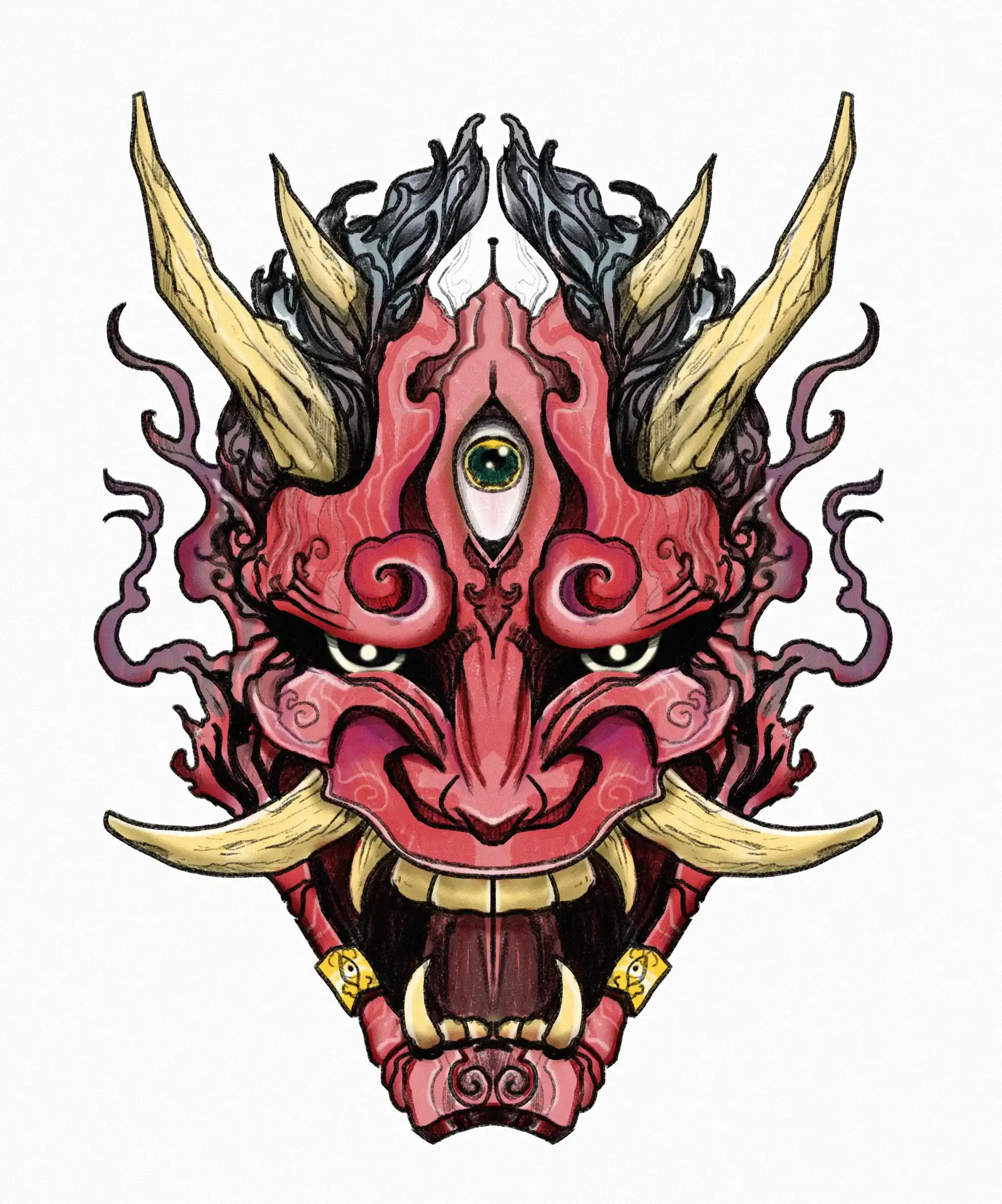 Tattoo design of a red three-eyed oni mask with horns and tusks