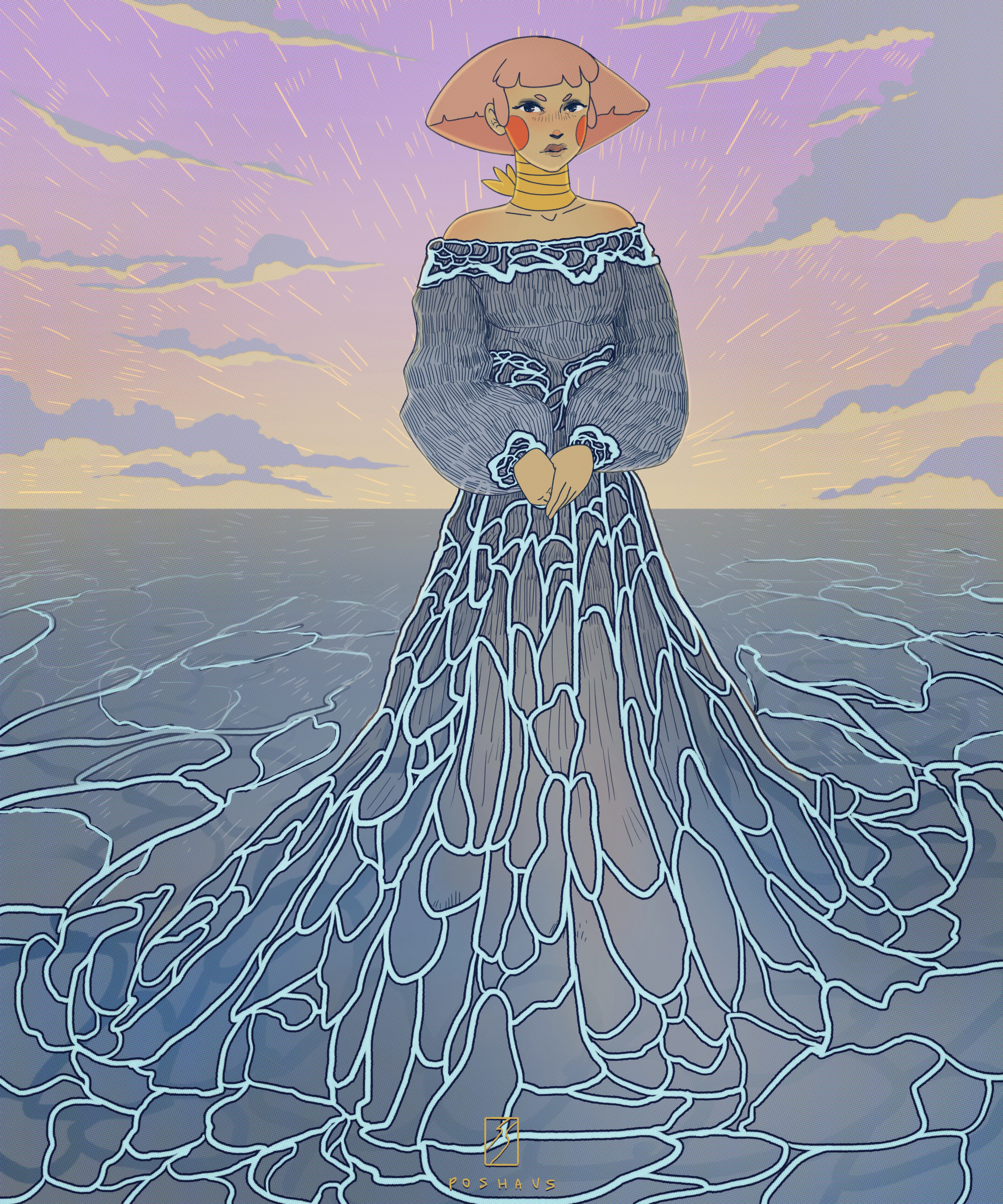 Illustration of a woman whose flowing dress turns into the sea
