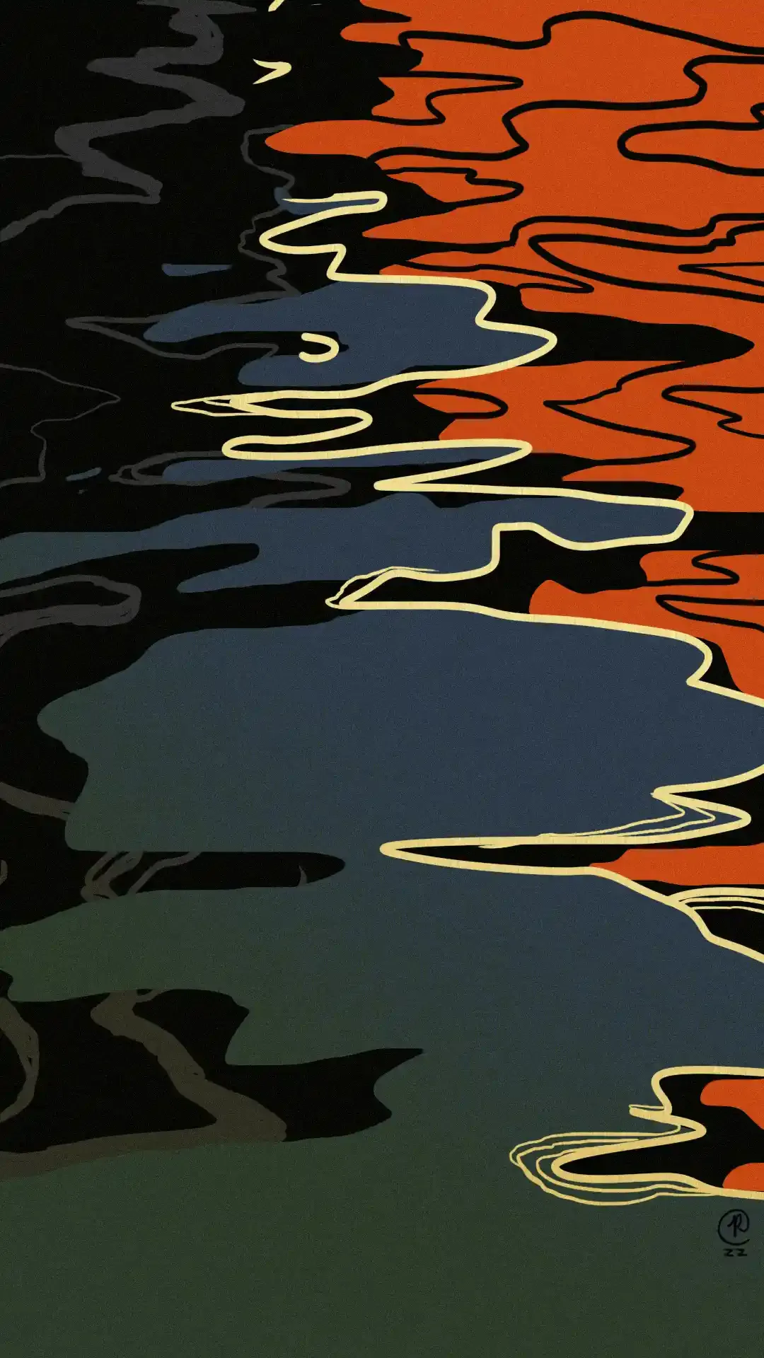 Illustration of abstract water reflections in orange, blue, and green