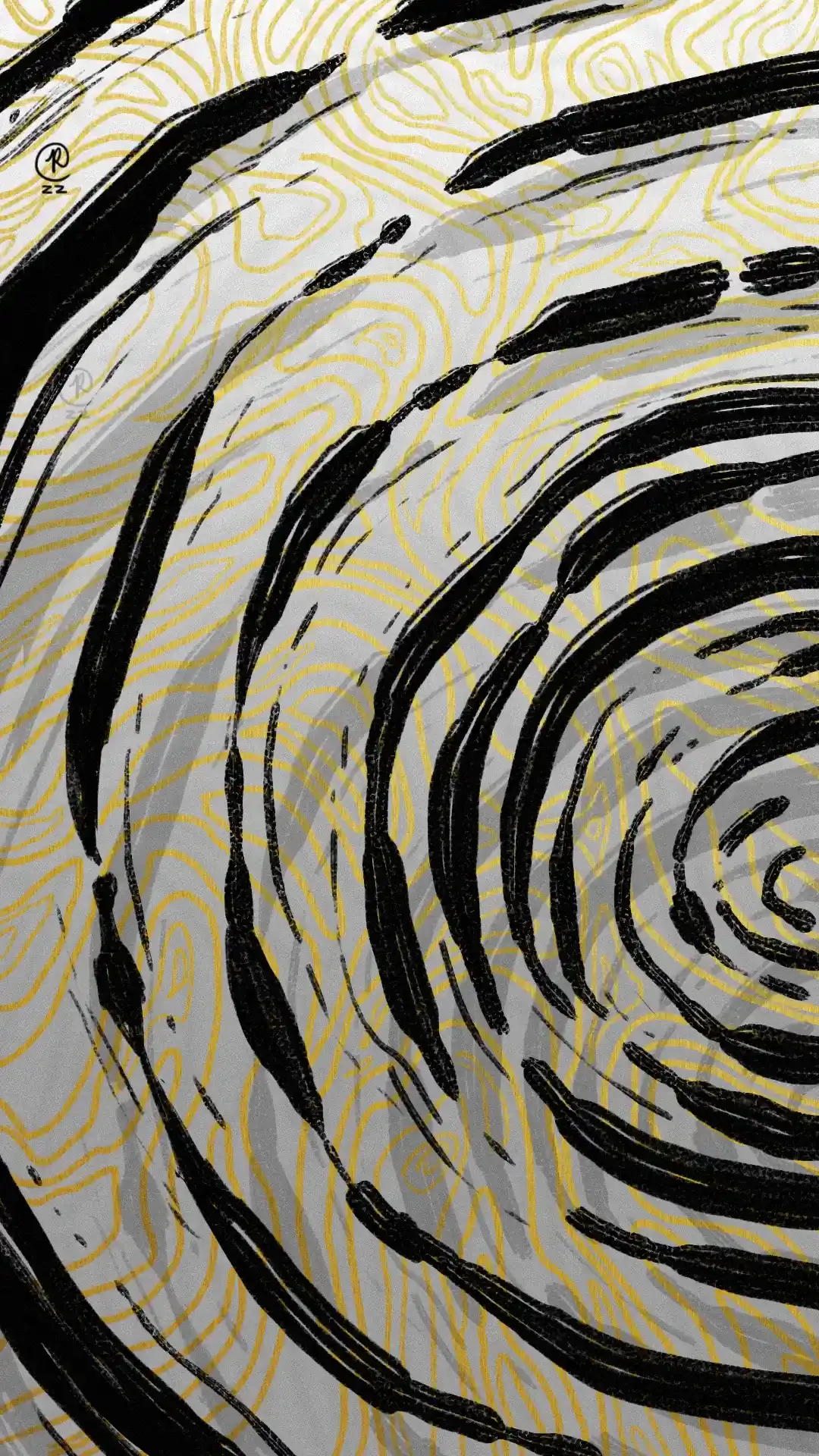 Illustration of abstract black swirls over gold contour lines