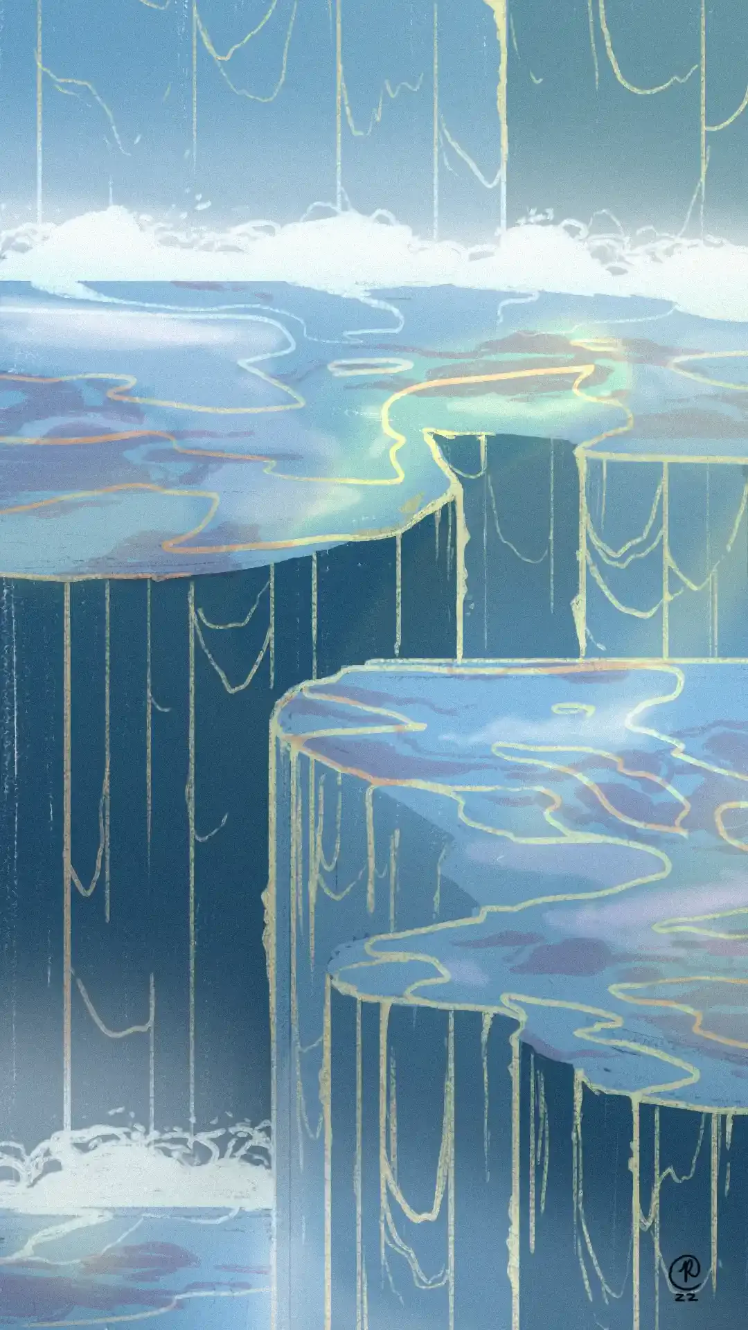 Illustration of layered waterfalls pouring over stepped stone ledges