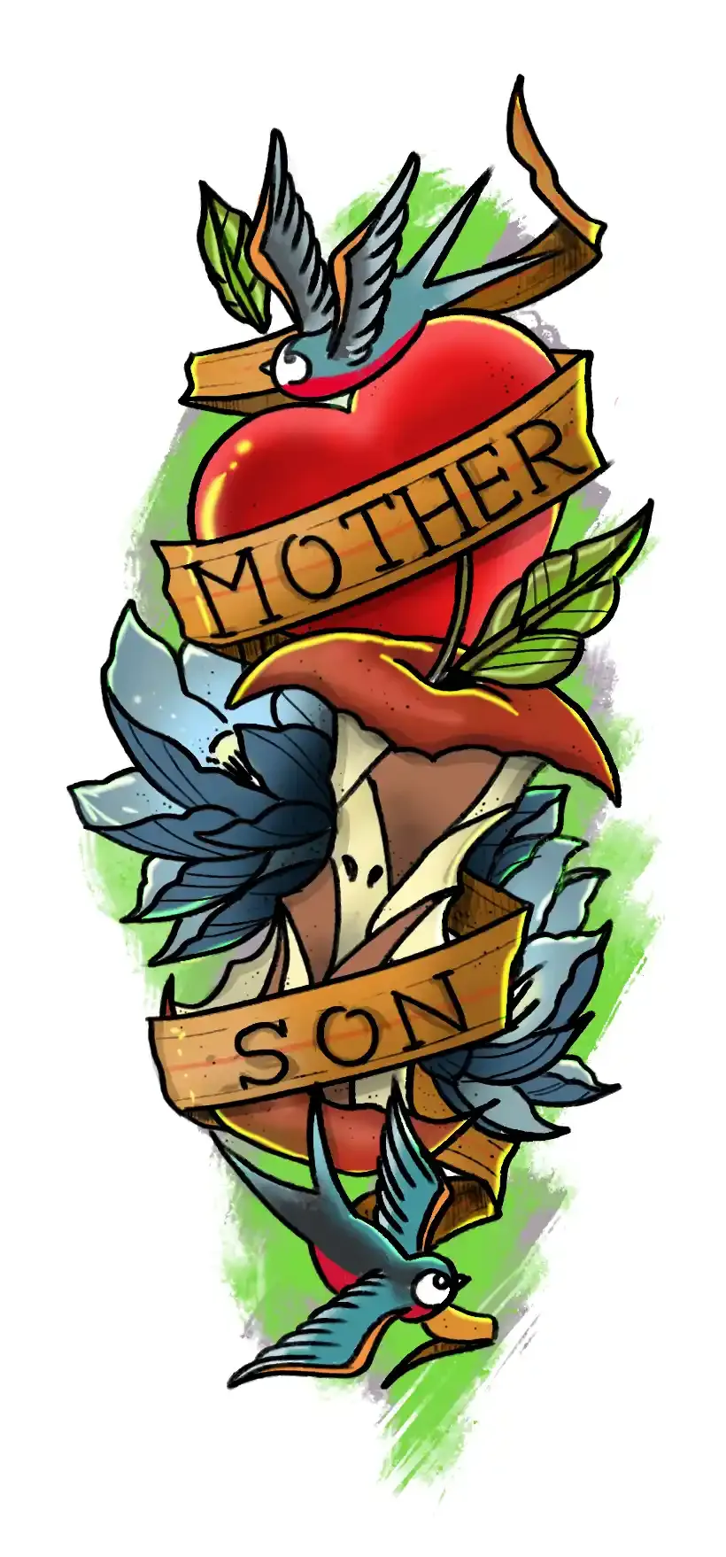 Tattoo design of a heart, apple core, swallows, and Mother Son banners
