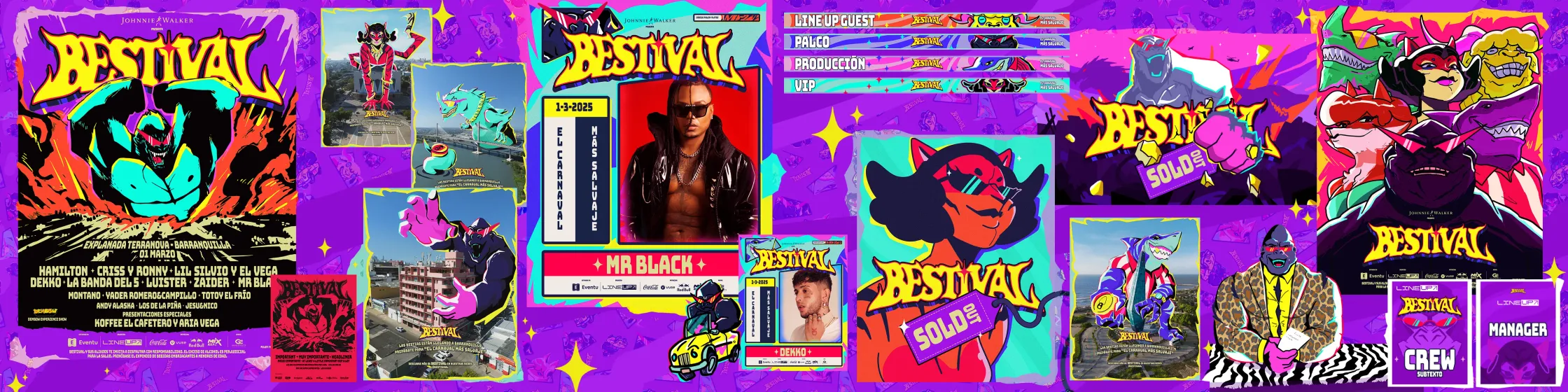Bestival festival posters, passes, and artist cards with beast characters