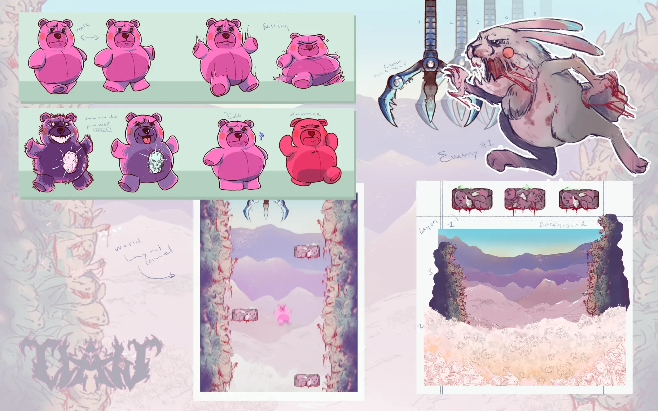 Metal Claw concept sheet with pink teddy bear, claw, and rabbit enemy