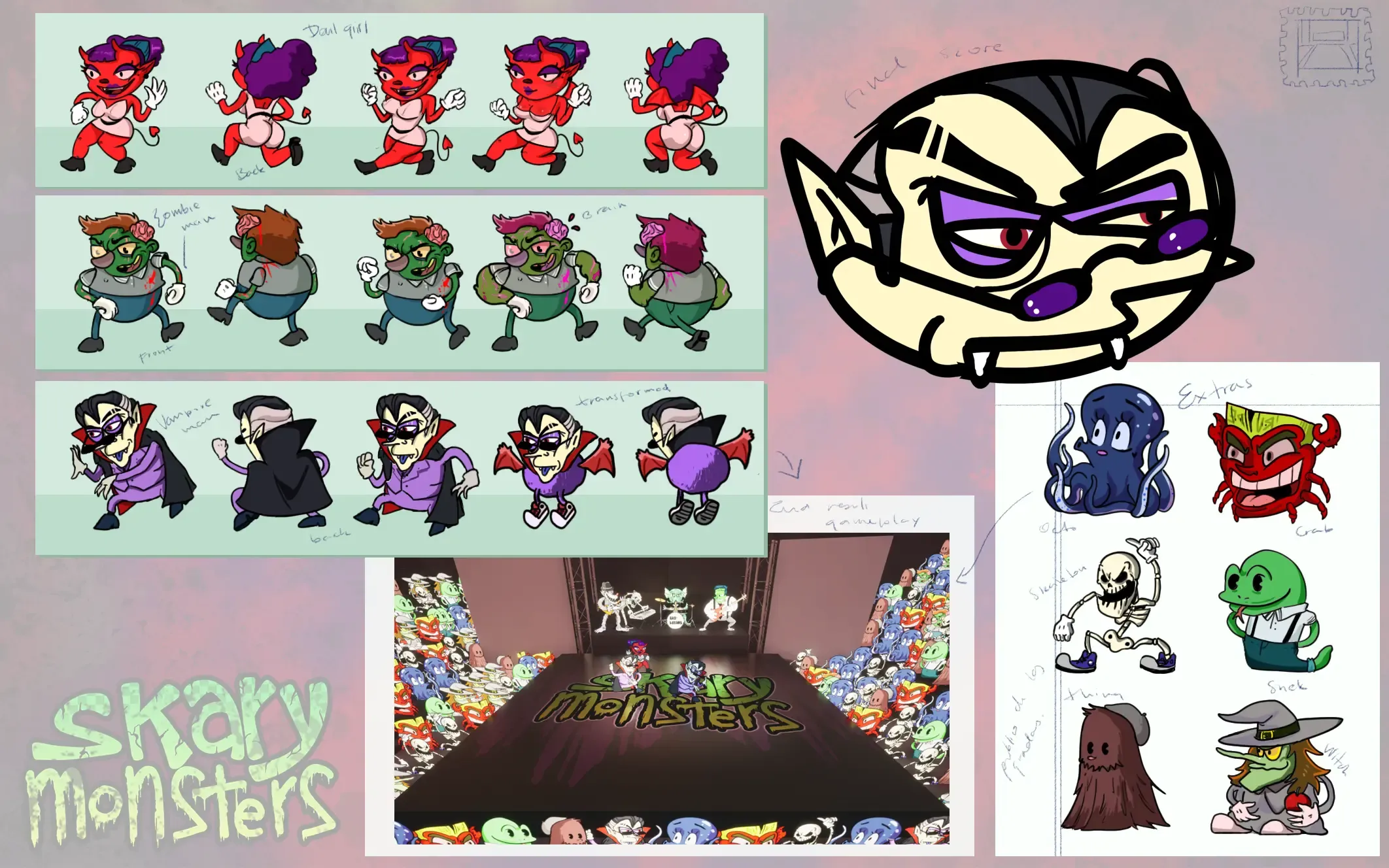 Skary Monsters concept sheet with devil, zombie, and vampire characters