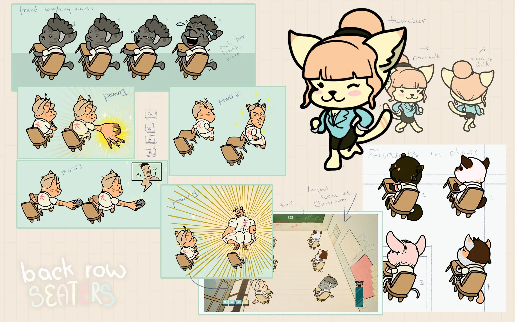 Back Row Seaters concept sheet of cat students, teacher, and classroom