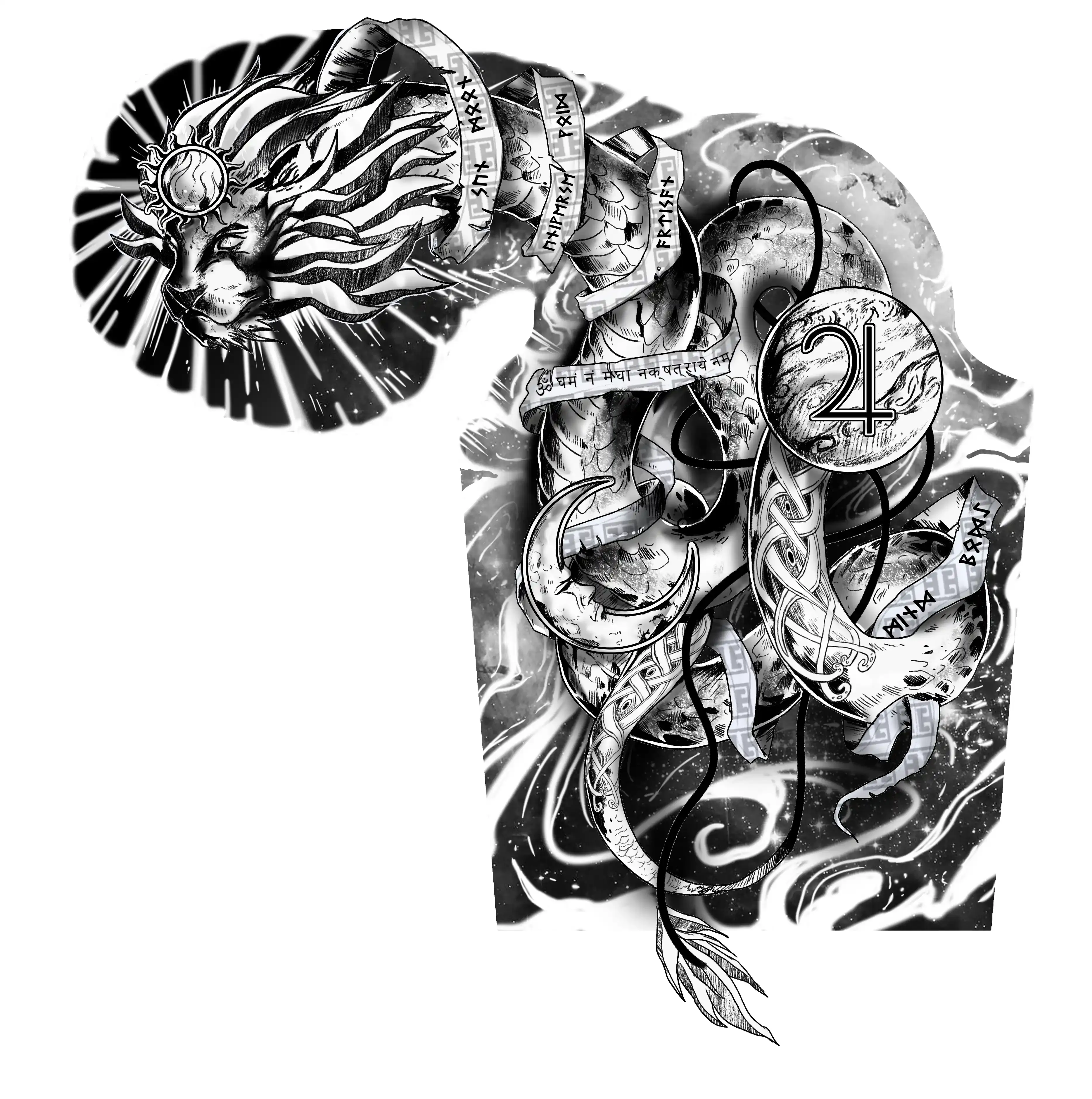 Tattoo design of a black and grey sleeve with lion, serpent, and runes