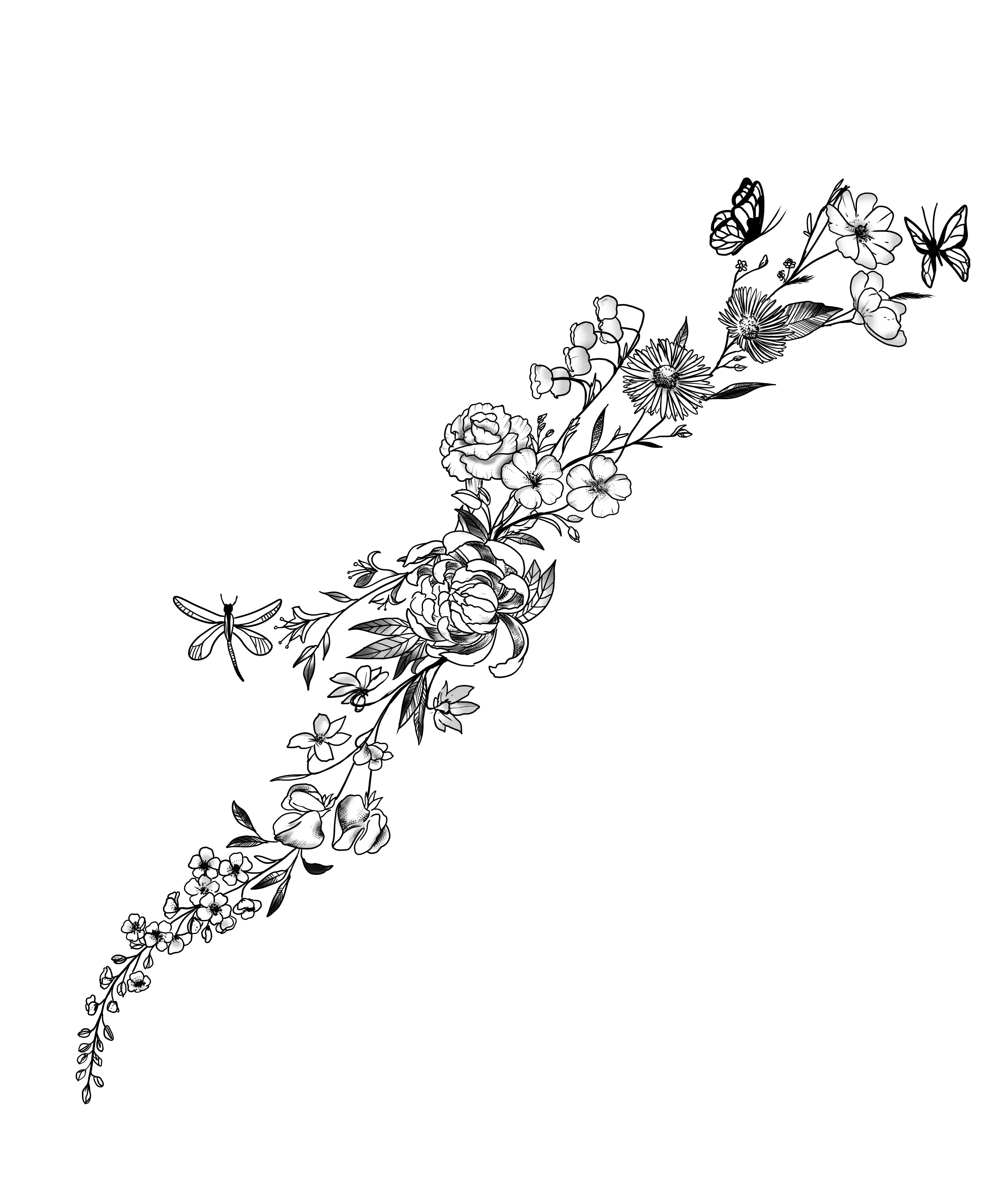 Tattoo design of a fine line floral vine with butterflies and a dragonfly
