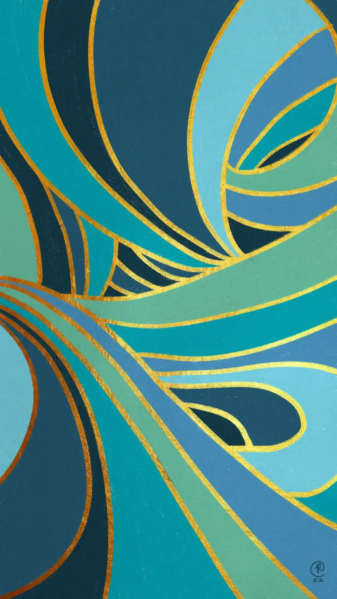Illustration of abstract teal and blue curves outlined in gold