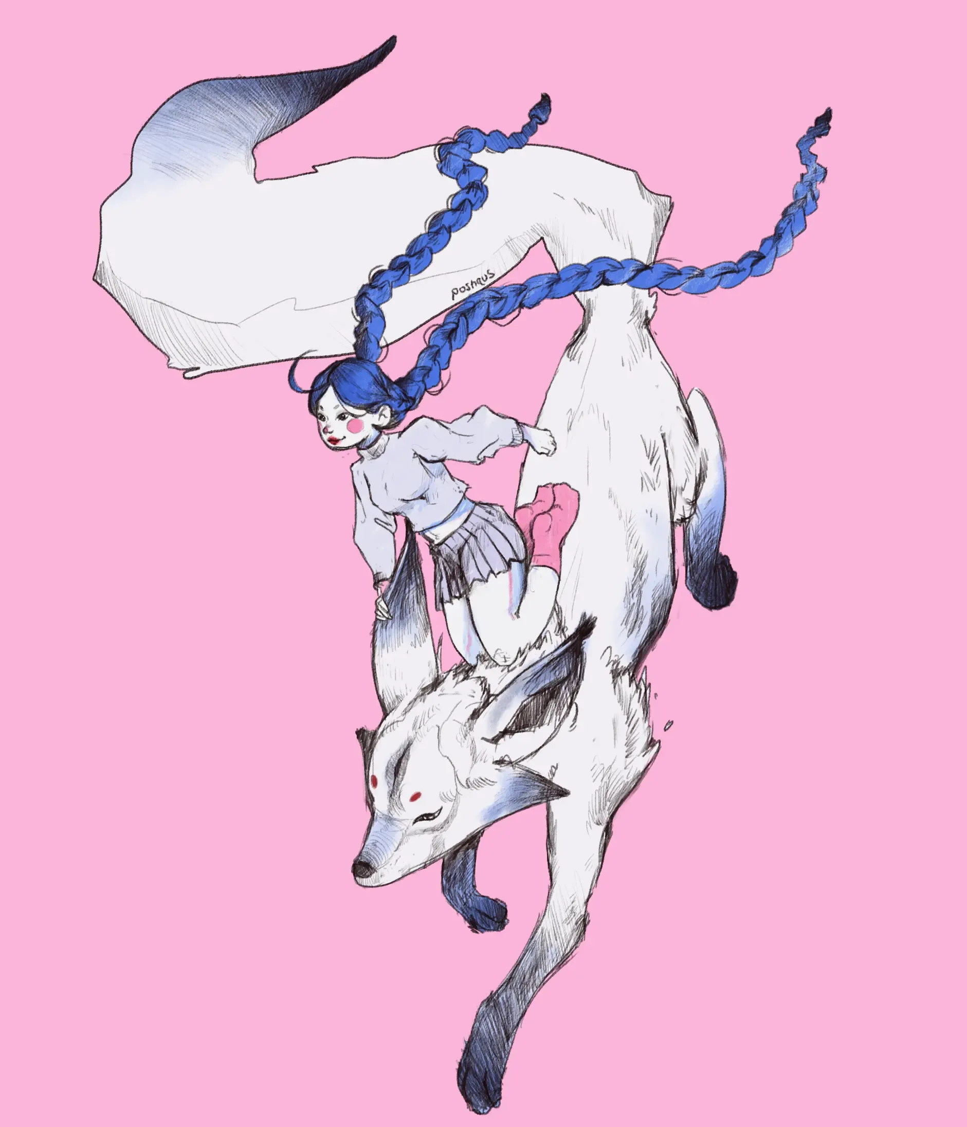 Illustration of a girl with long blue braids riding a white fox