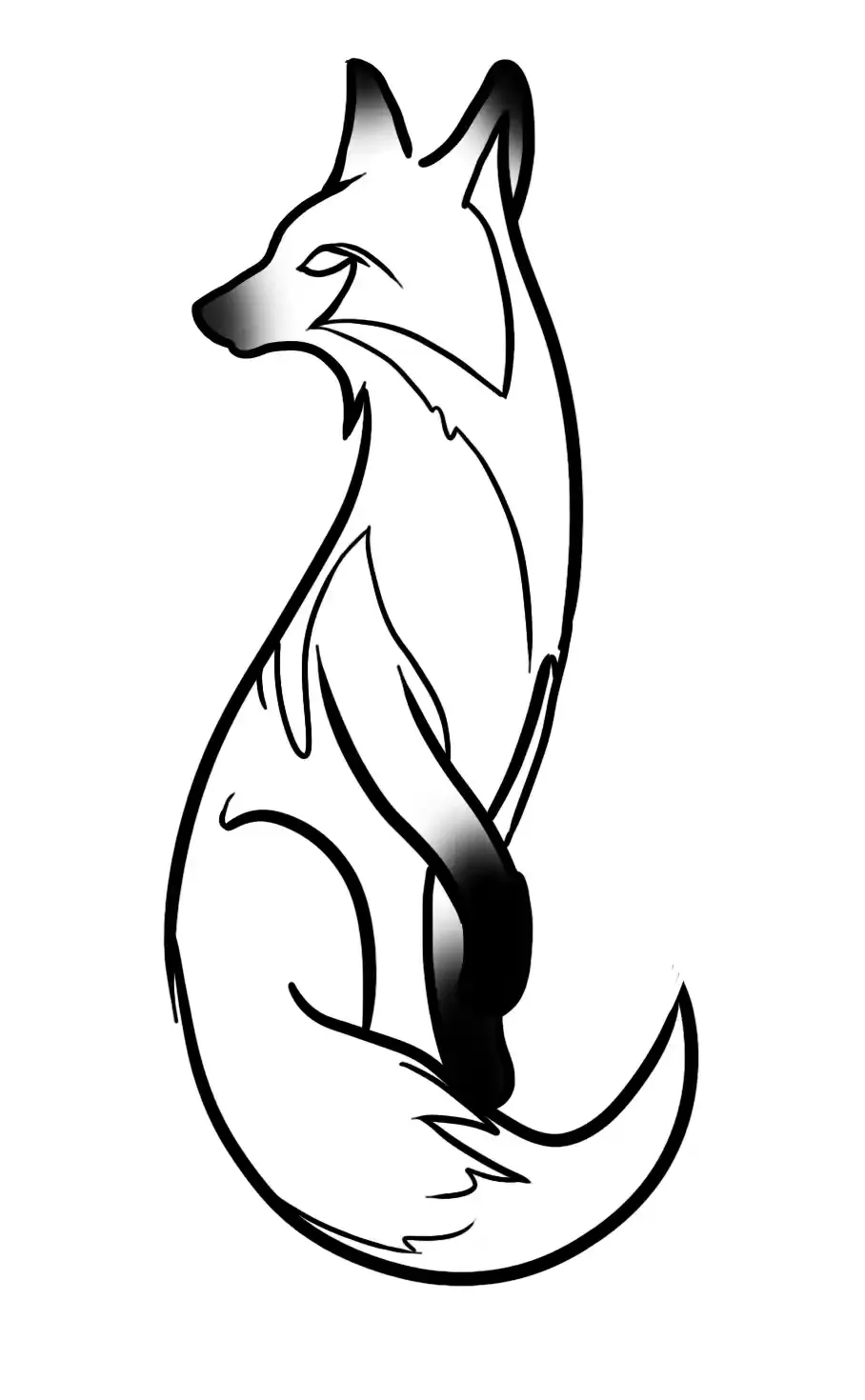 Tattoo design of a minimal line art fox sitting with its tail curled