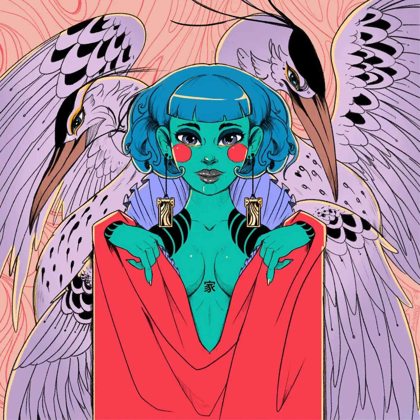 Illustration of a green-skinned woman in a red robe between two herons