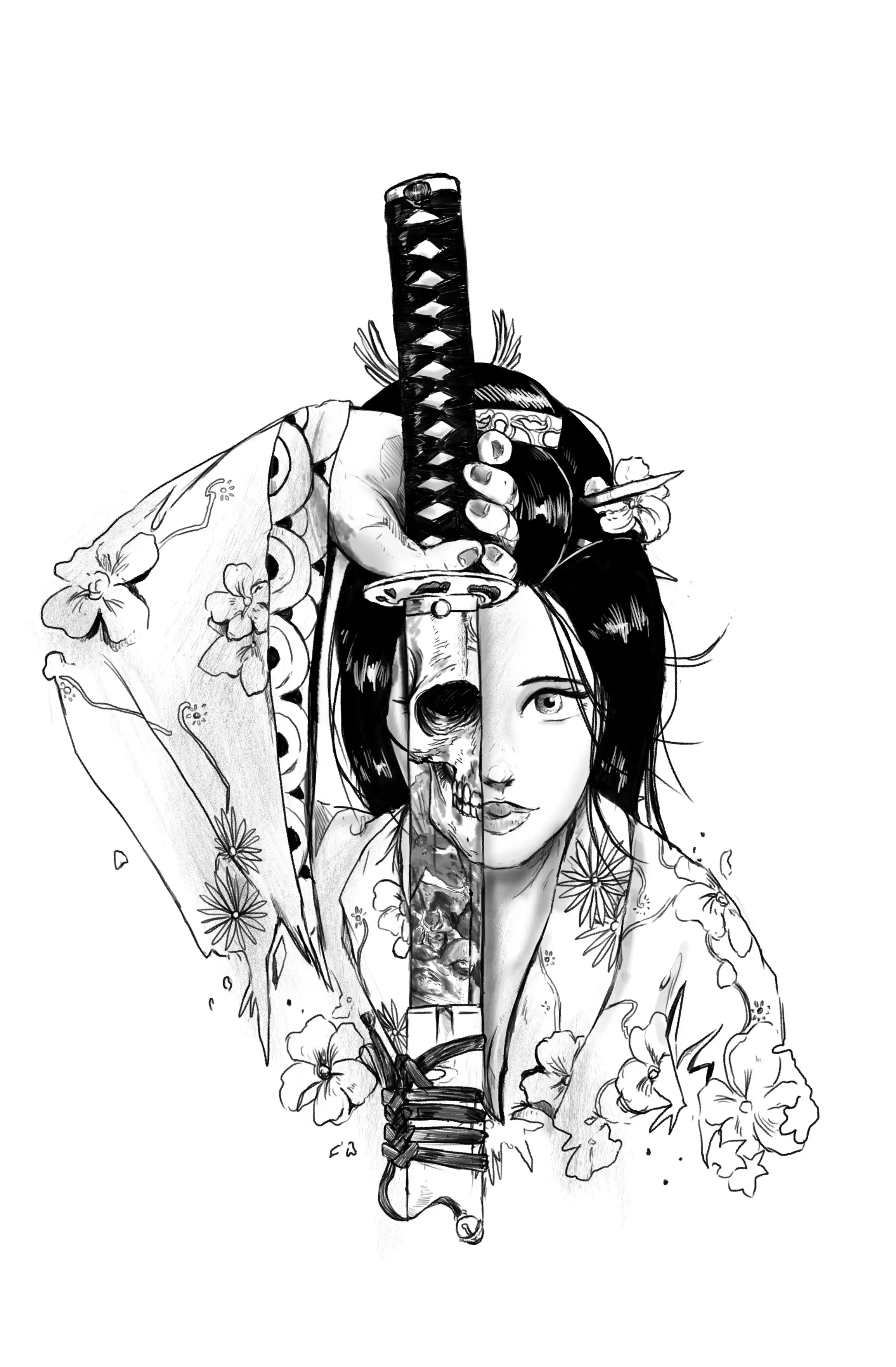 Tattoo design of a geisha holding a katana that reveals half a skull