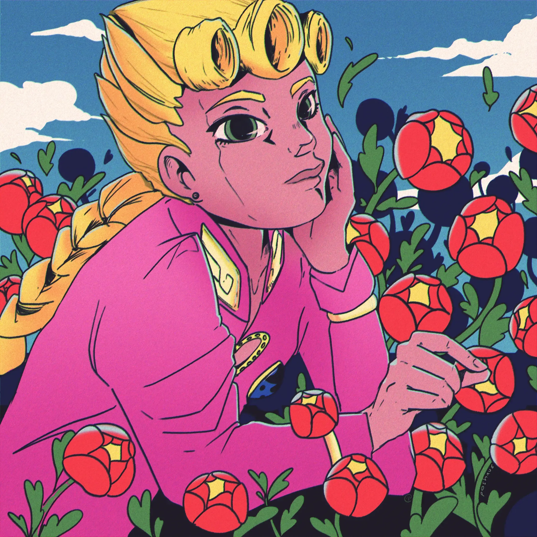 Illustration of Giorno Giovanna in a pink suit among red flowers