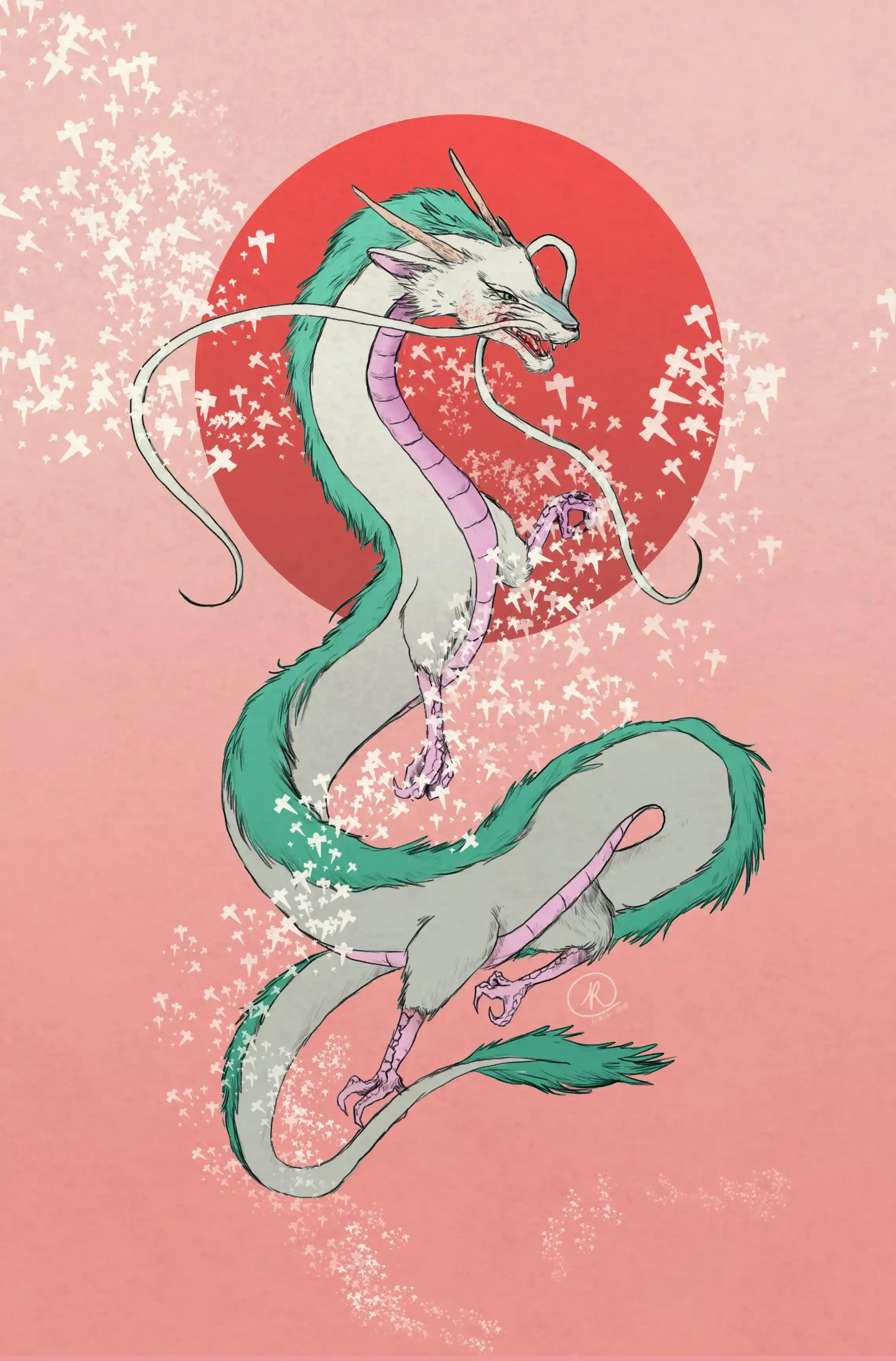 Illustration of Haku the white dragon before a red sun