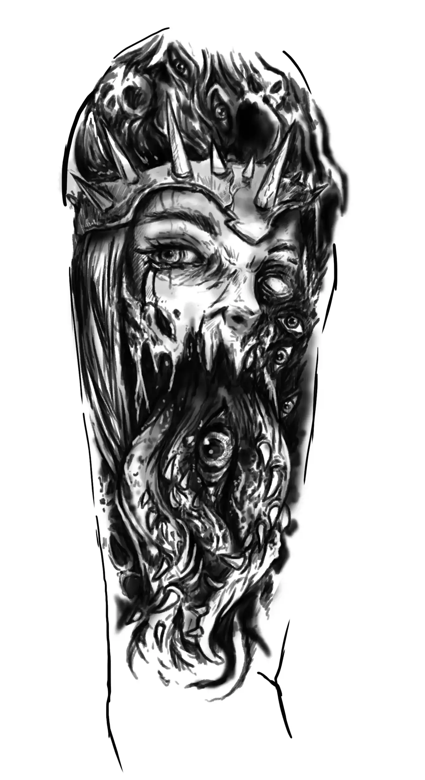 Tattoo design of a crowned woman's face melting into eyes and fangs