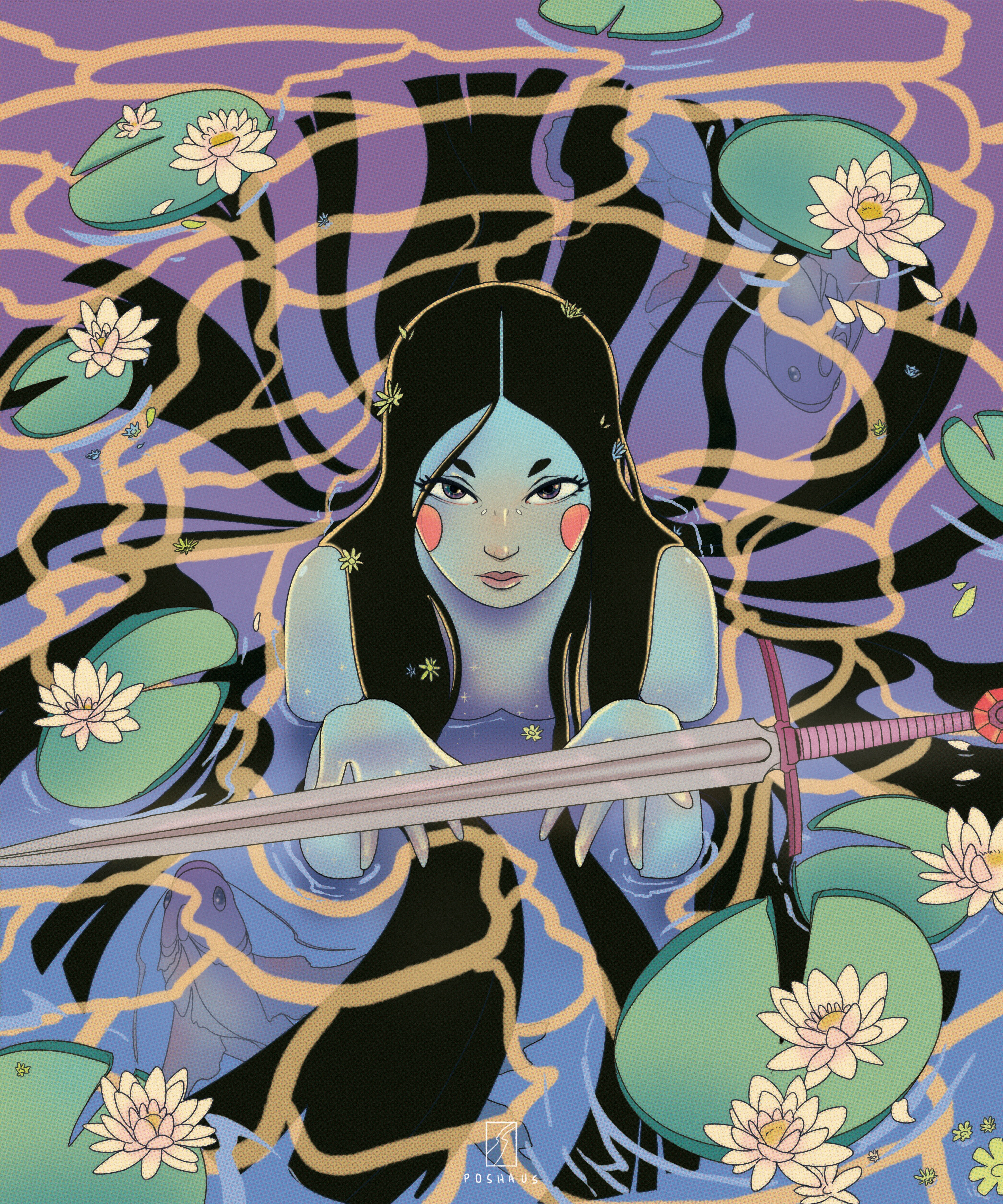 Illustration of the Lady of the Lake holding a sword among water lilies