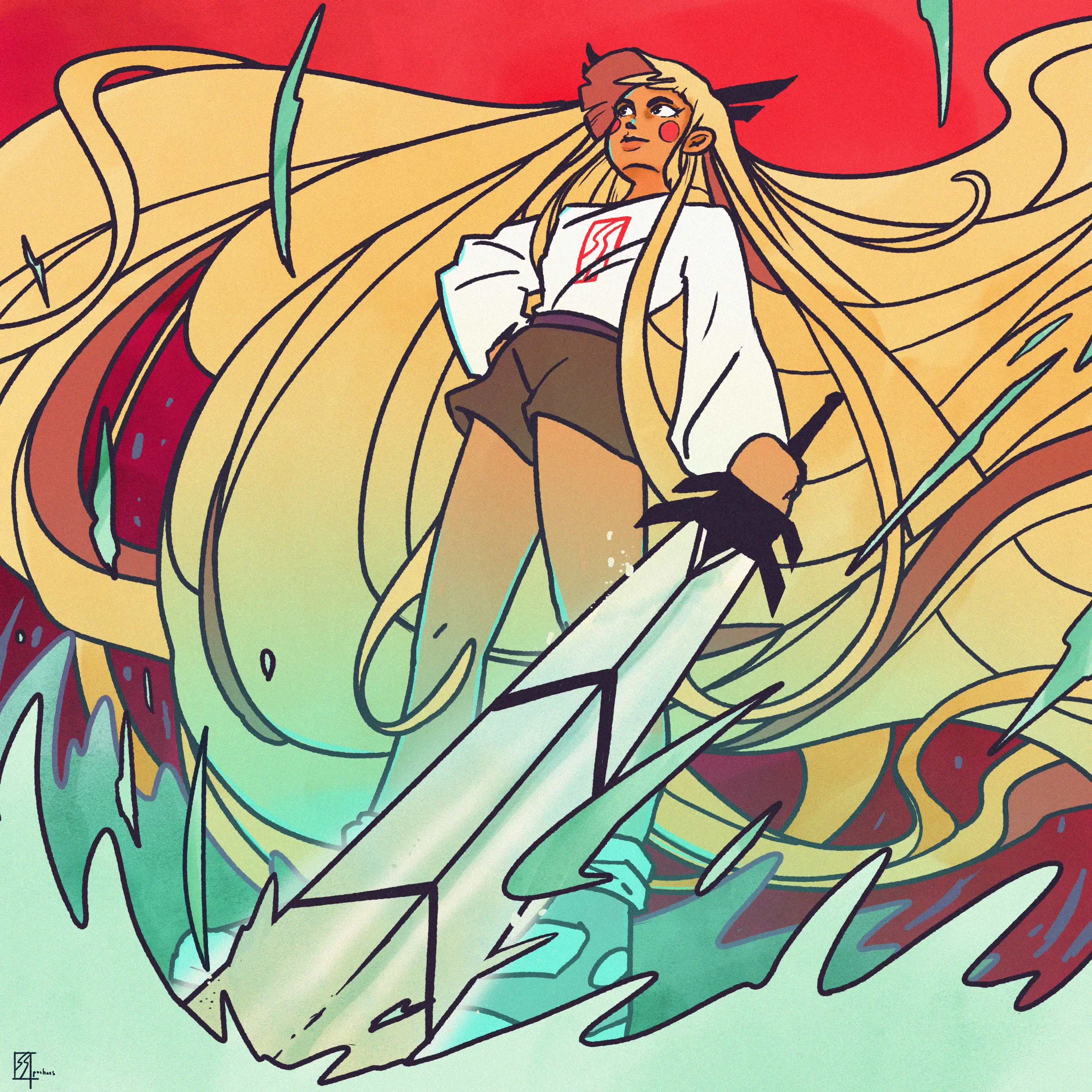 Illustration of a long-haired blonde girl wielding a giant glowing sword