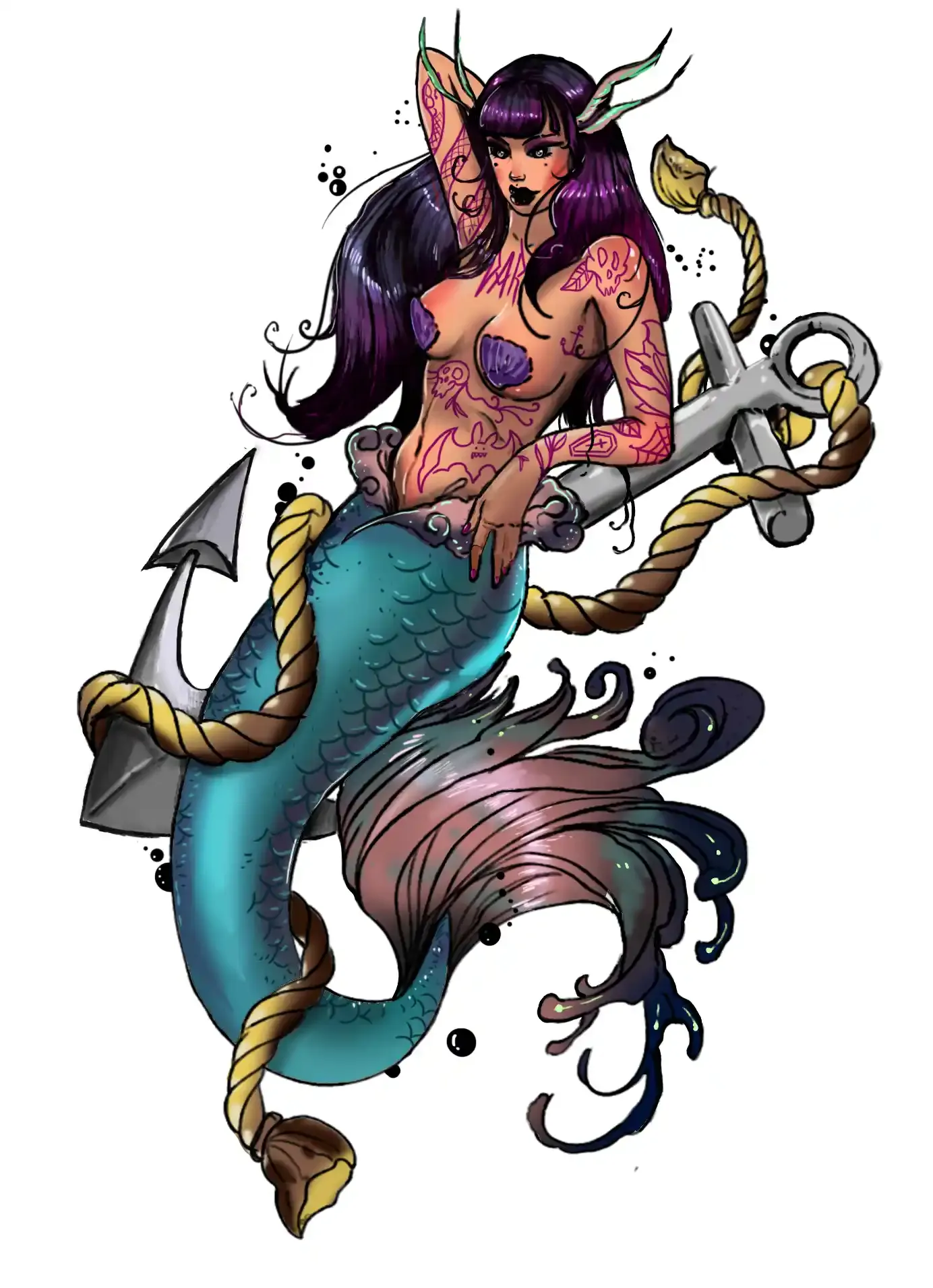 Tattoo design of a tattooed purple-haired mermaid wrapped around an anchor