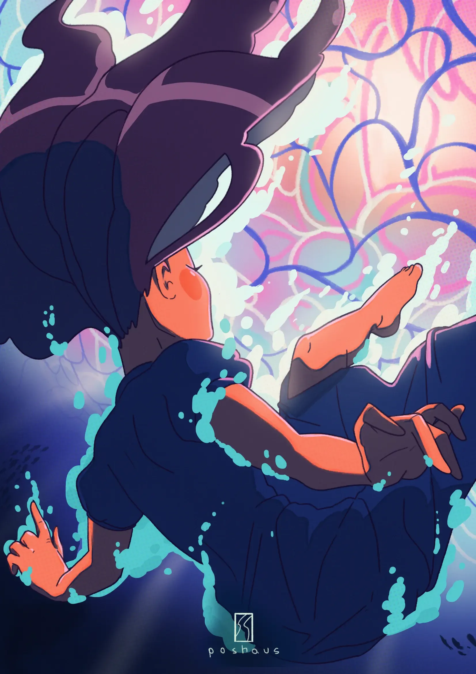Illustration of a dark-haired girl falling through water toward pink light