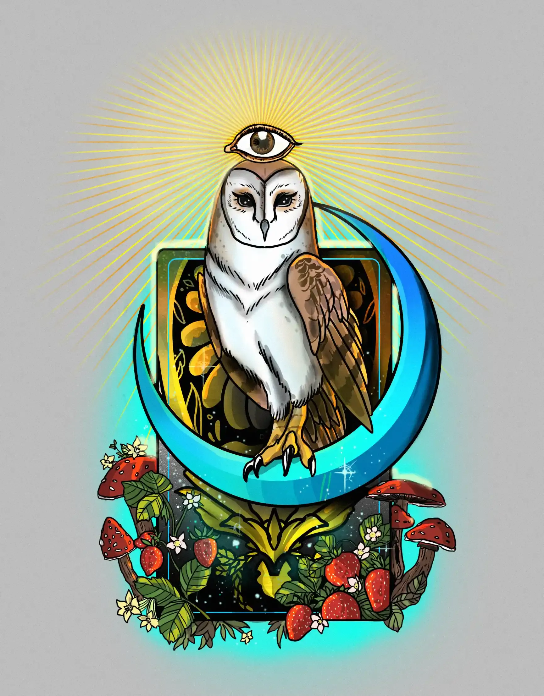 Tattoo design of a barn owl on a crescent moon with mushrooms