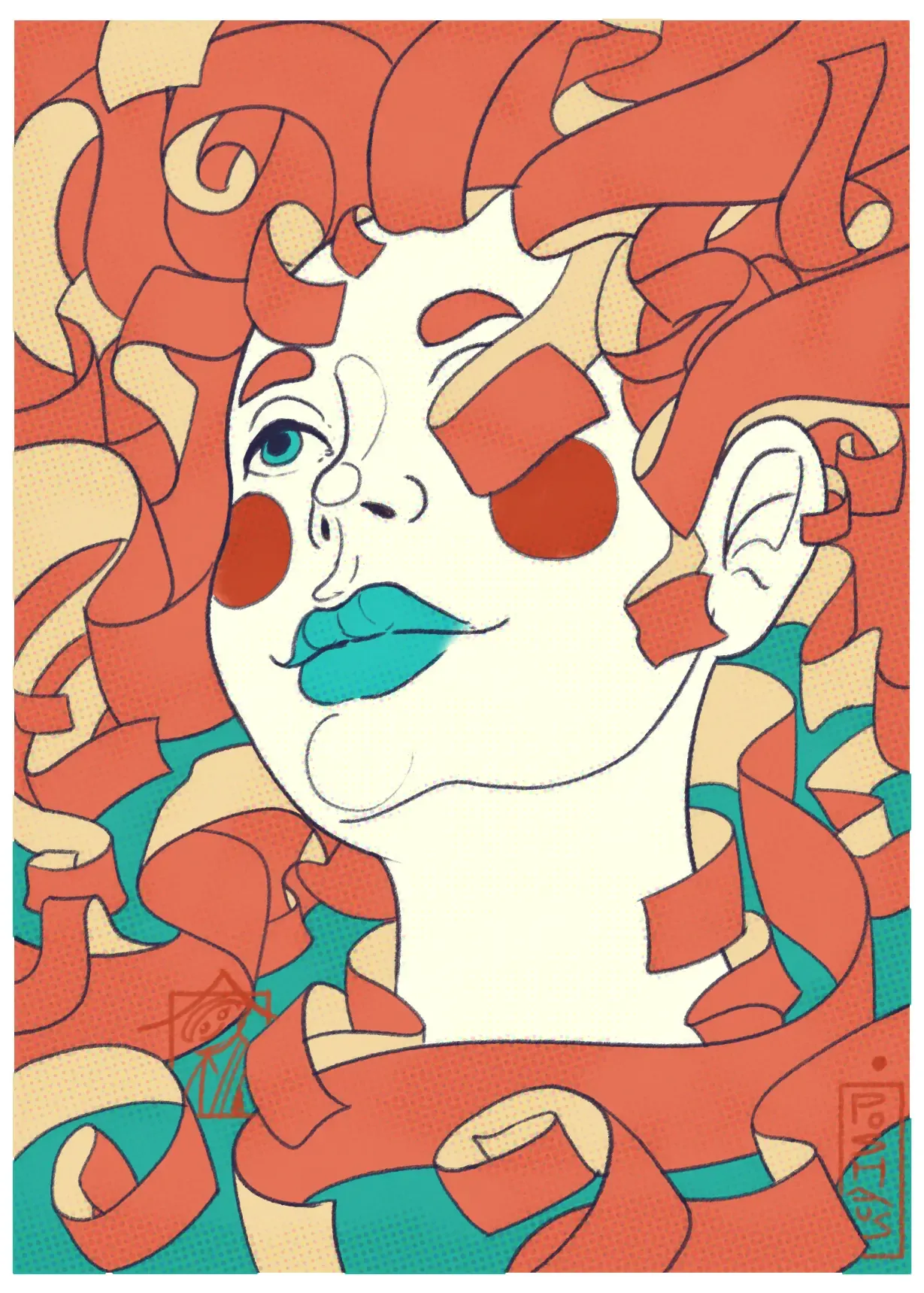 Illustration of a woman's face with hair made of red paper ribbons