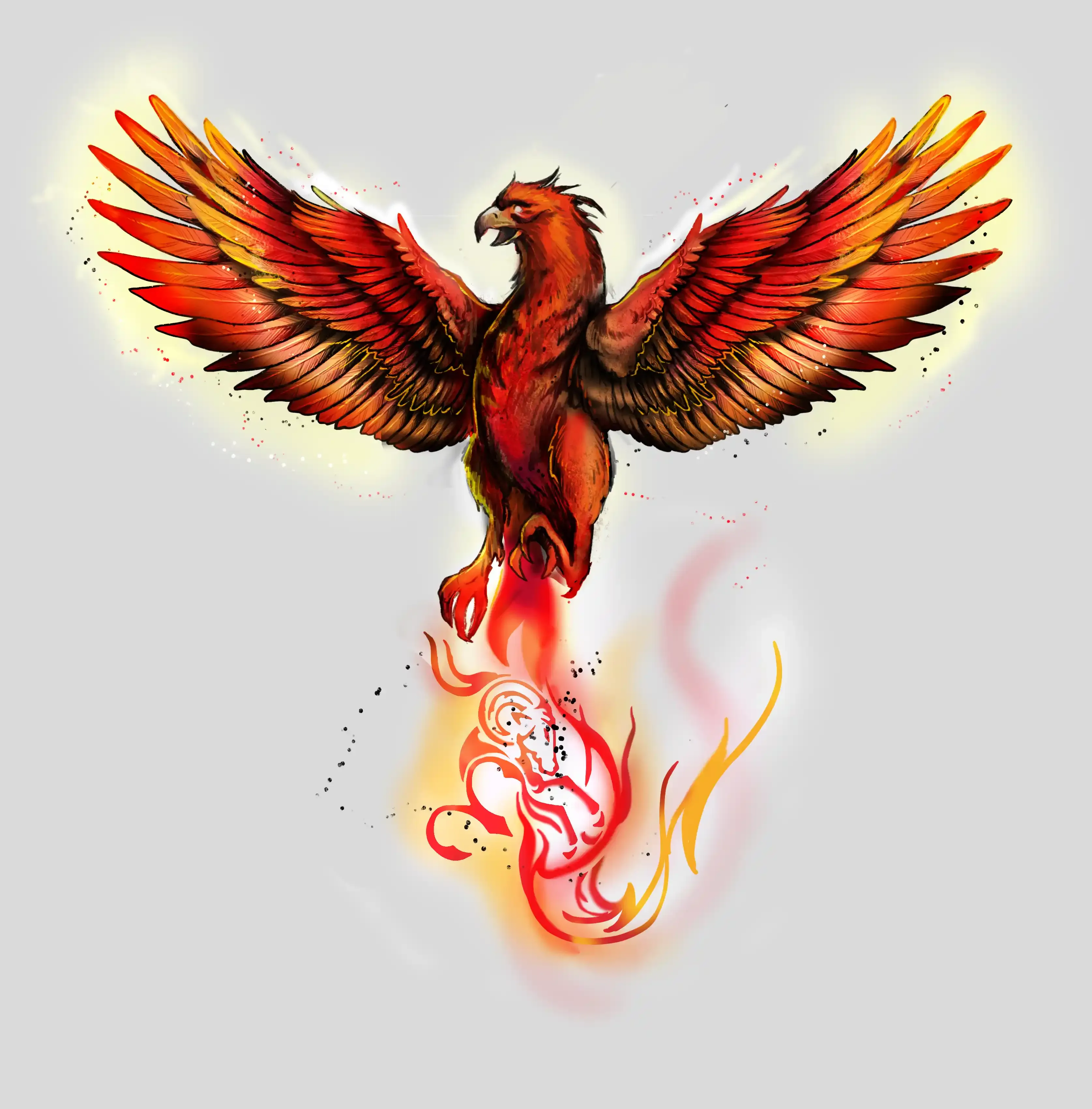 Tattoo design of a red phoenix rising from flames shaped like a ram