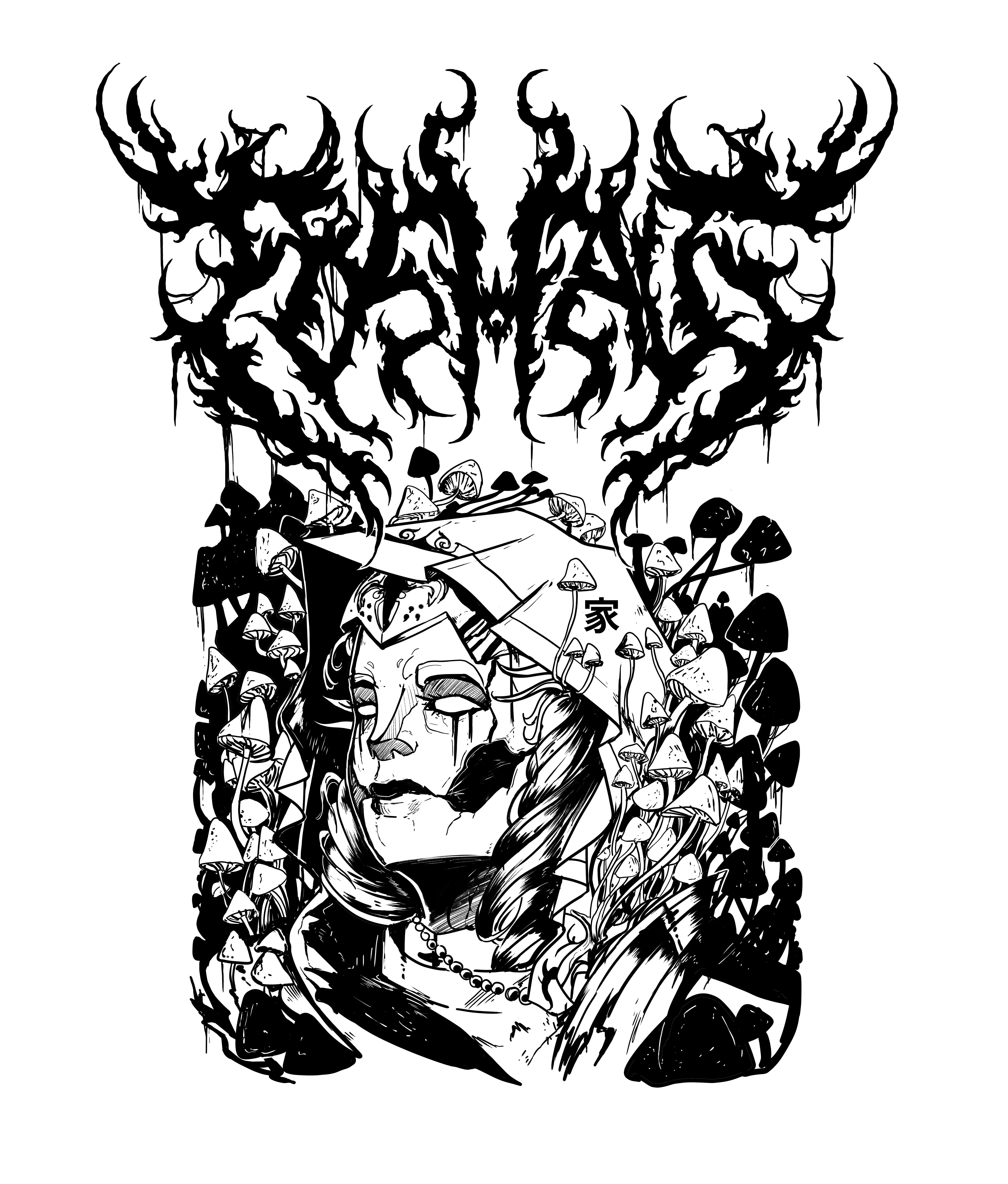 Illustration of a woman's face among mushrooms under a metal-style logo