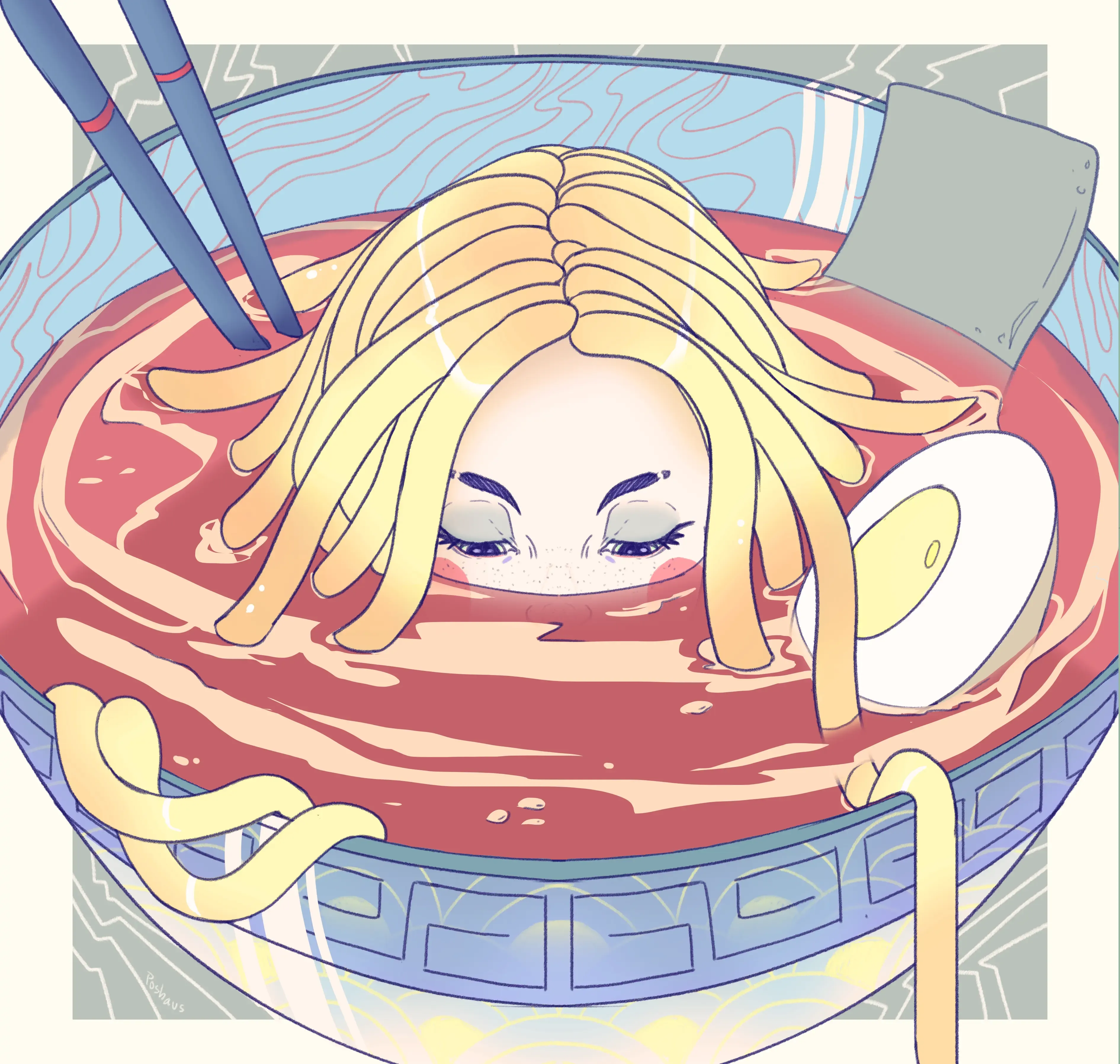 Illustration of a girl with noodle hair sinking into a ramen bowl