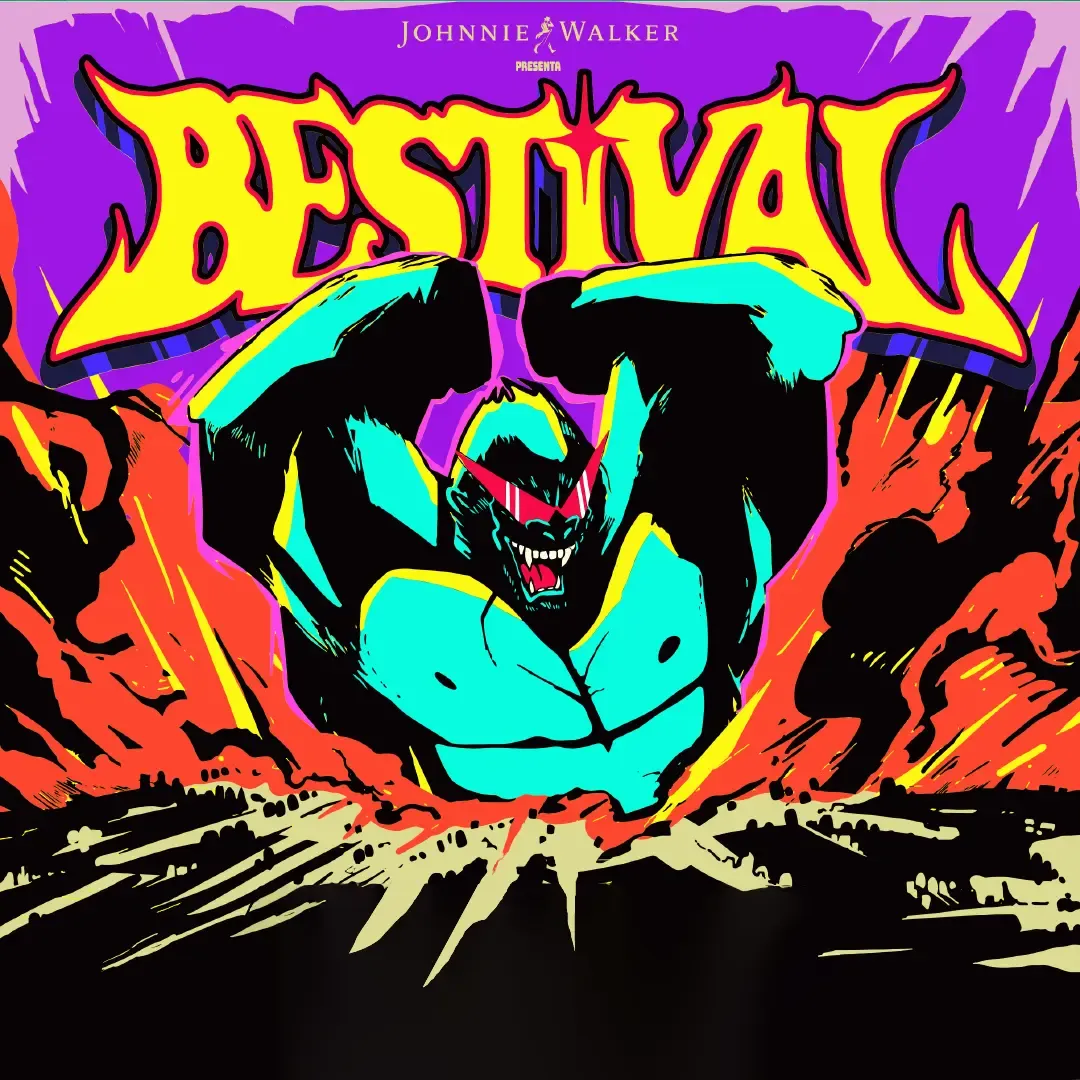 Bestival festival poster of a roaring gorilla with red sunglasses
