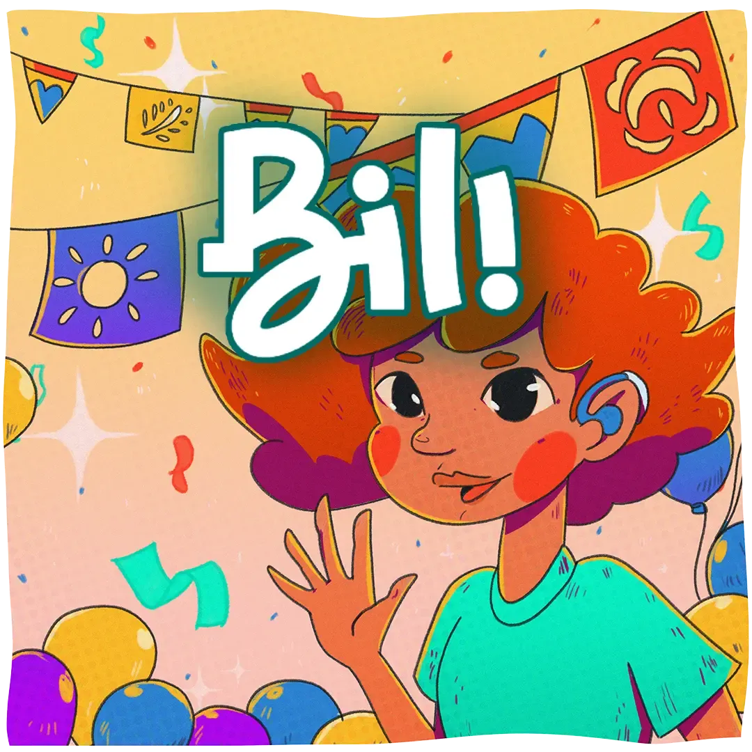 Bili cover of a curly-haired child with a hearing aid waving