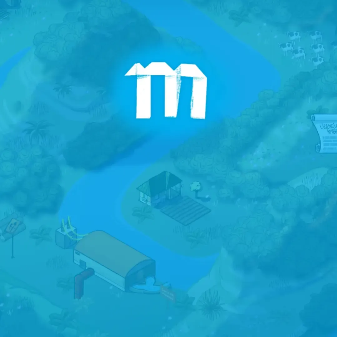 Magic Markers white M logo over a blue river landscape map
