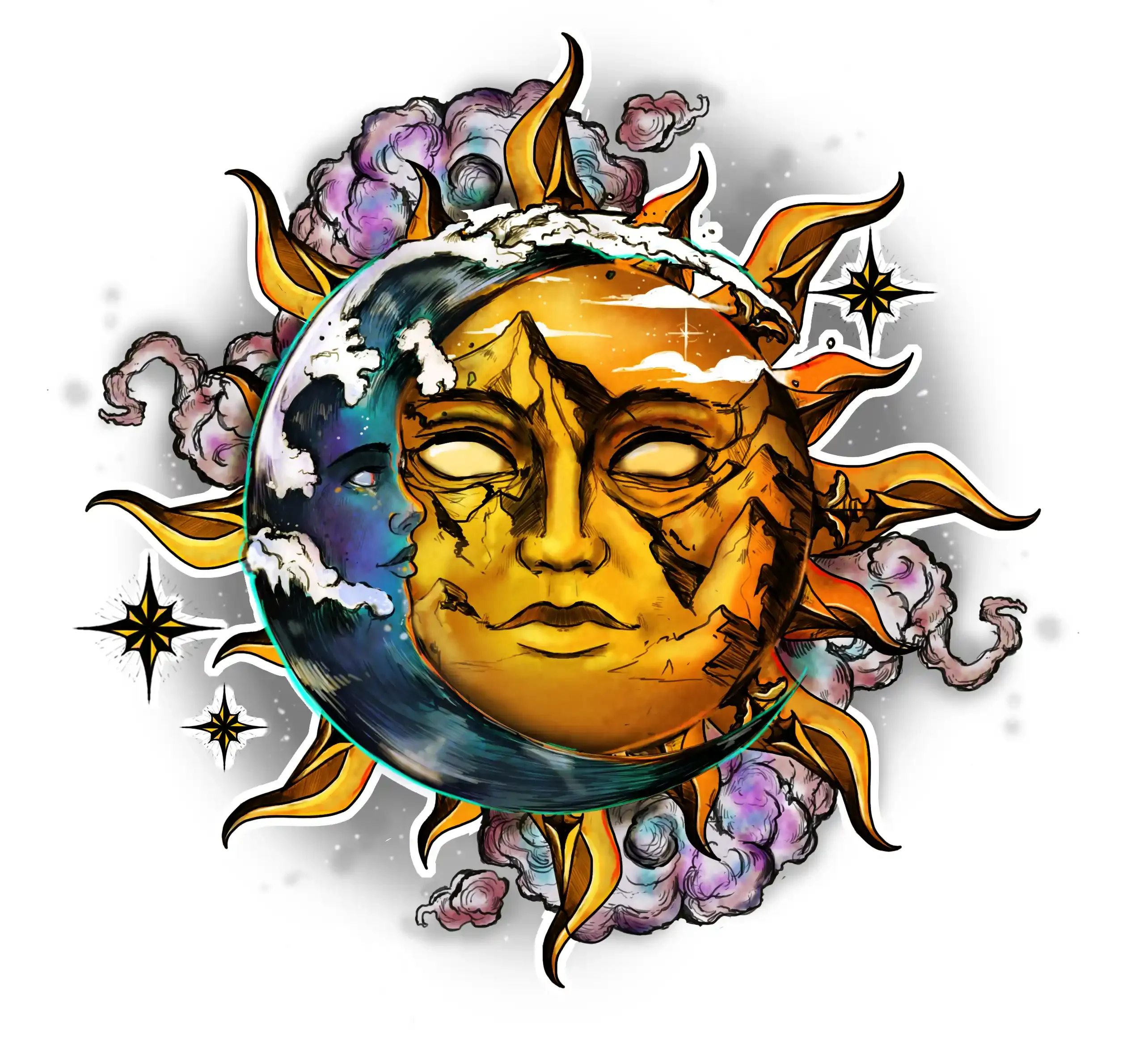 Tattoo design of a sun and crescent moon face with mountains and waves