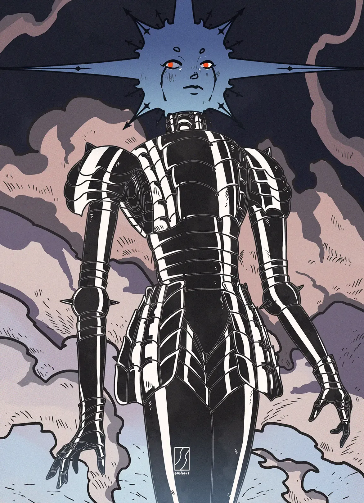 Illustration of a towering figure in black armor with a blue sun head