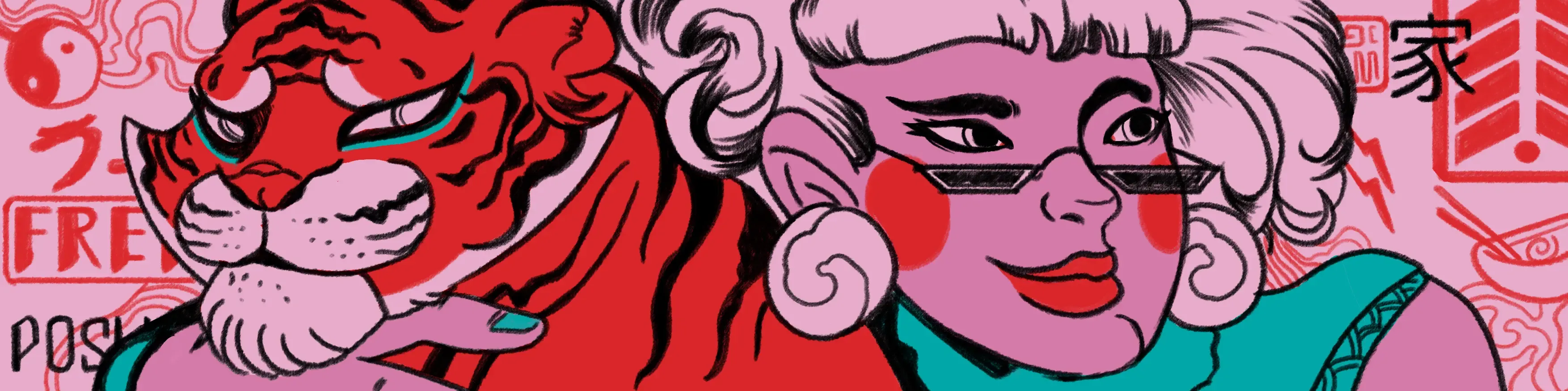 Illustration of a red tiger beside a woman in sunglasses
