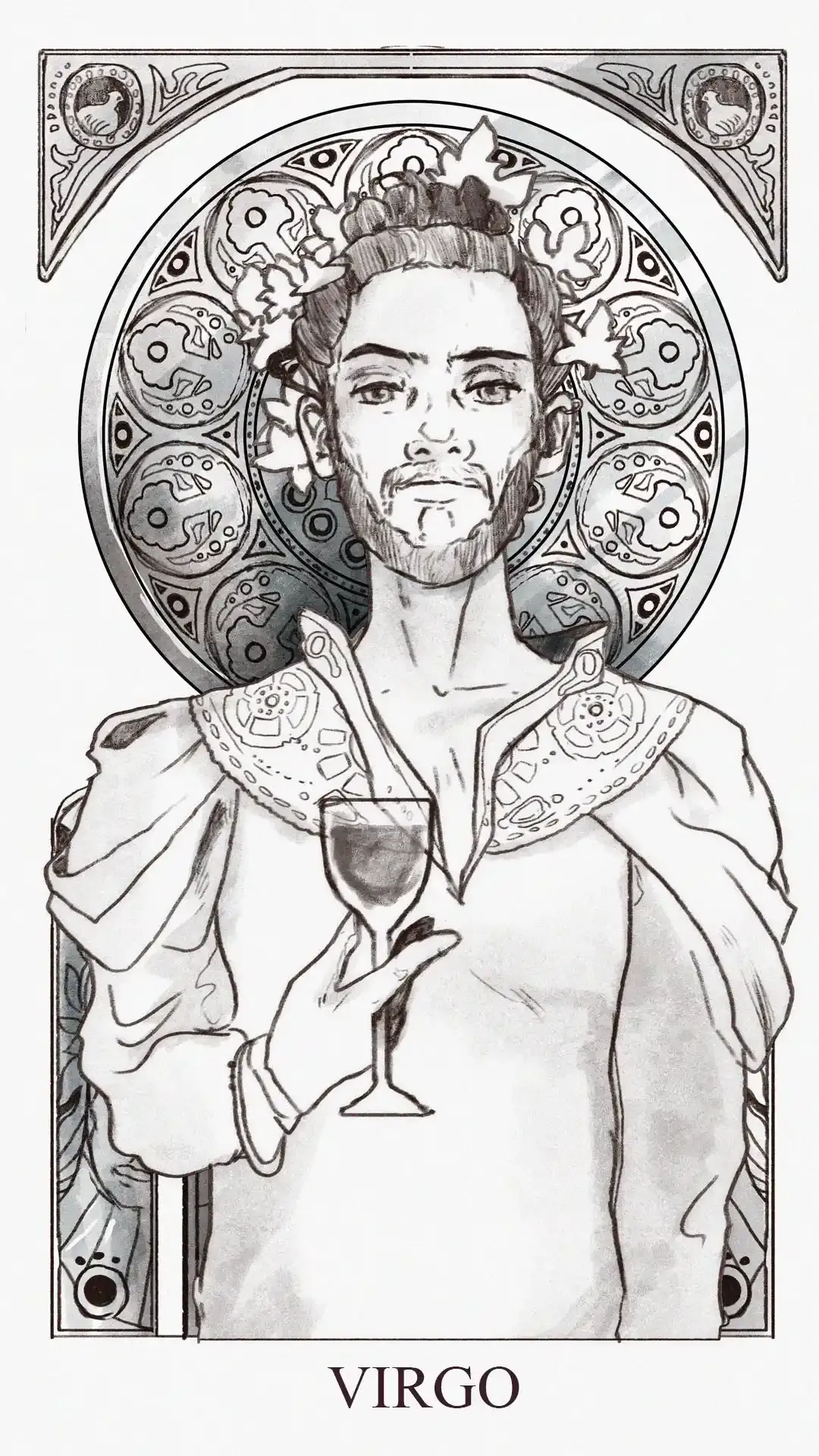 Illustration of a bearded man holding wine on a Virgo zodiac card