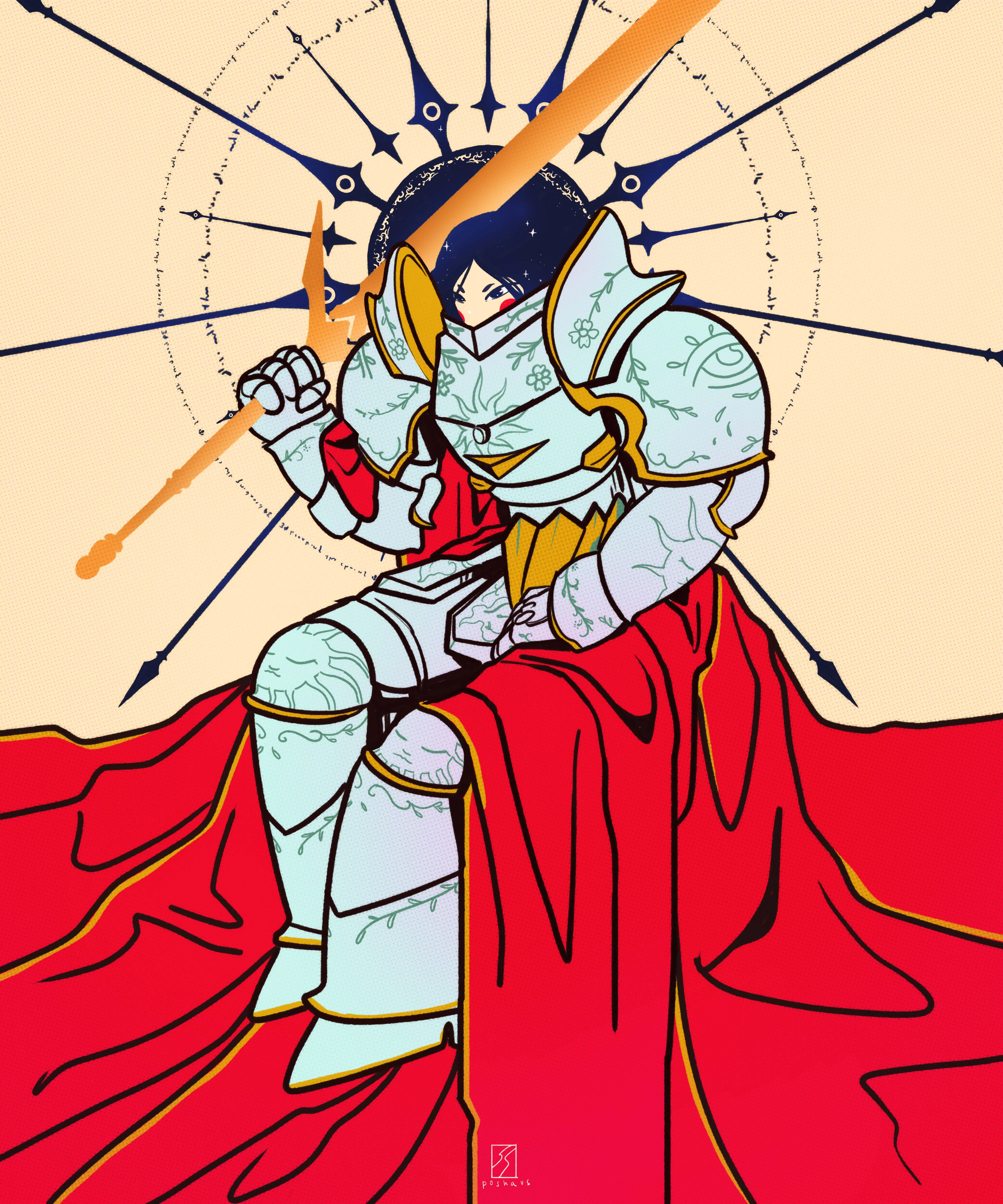 Illustration of an armored paladin sitting on a red cape with a spear